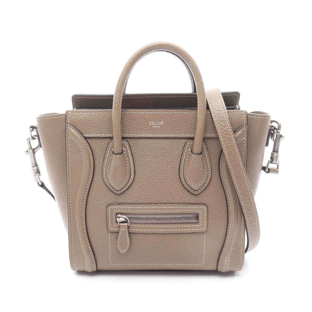 Celine Luggage Nano Shopper Gray: Authenticated genuine Celine Luggage Nano Shopper 2WAY handbag in gray brown leather, model 189243. Includes shoulder strap. Approx. H20 x W28 top/20 base x D9 cm with 29 cm handle.