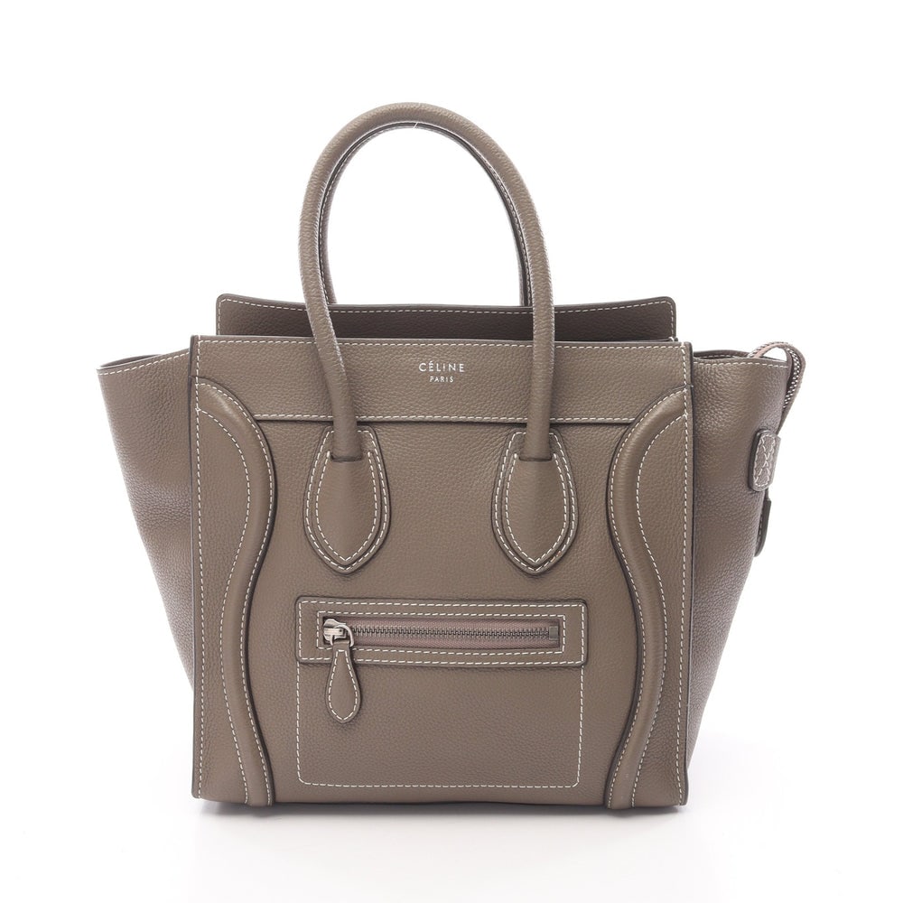 Celine Luggage Micro Shopper Gray: Authenticated genuine Celine Luggage Micro Shopper handbag tote in gray brown leather, model 167793. Approx. H26 x W40 top/26 base x D13 cm with 45 cm handle.