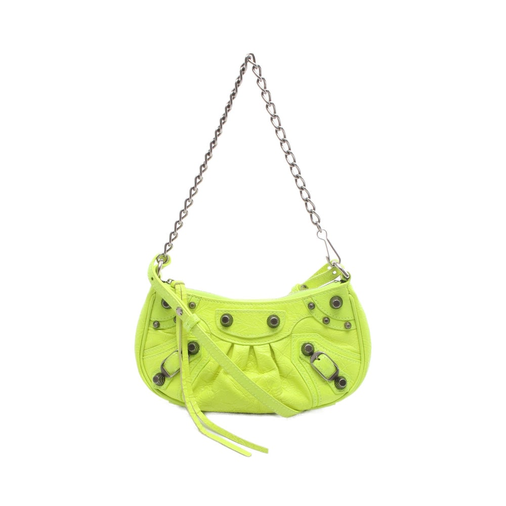 Balenciaga Le Cagole Mini BB Yellow: Authenticated genuine Balenciaga LE CAGOLE MINI BB 2WAY chain handbag in yellow neon leather, model 695814. Includes shoulder strap. Approx. H10.5 x W19 top/22 base x D4 cm.