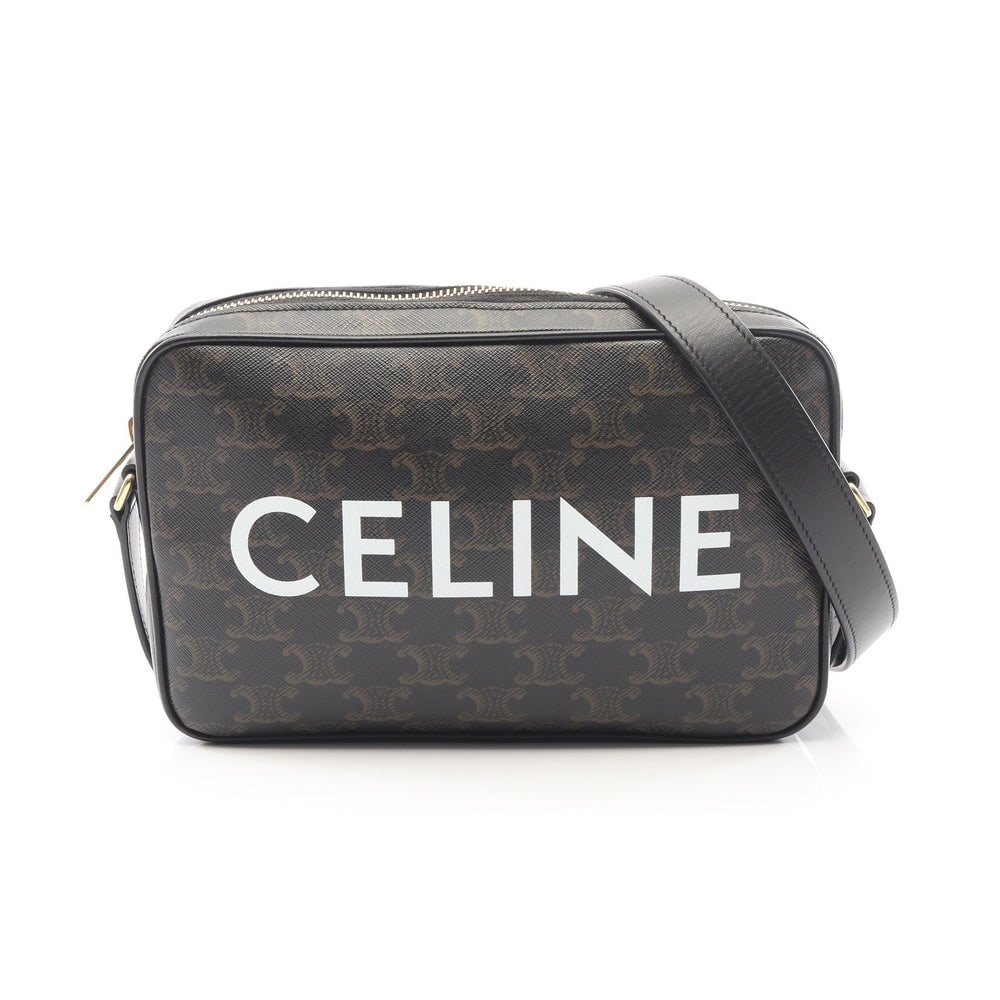 Celine Triomphe Medium Messenger: Authentic and authenticated Celine Triomphe Medium messenger shoulder bag in black brown PVC leather. Model 194502. Approx. 15 x 23 x 4 cm with adjustable 105-126 cm strap.