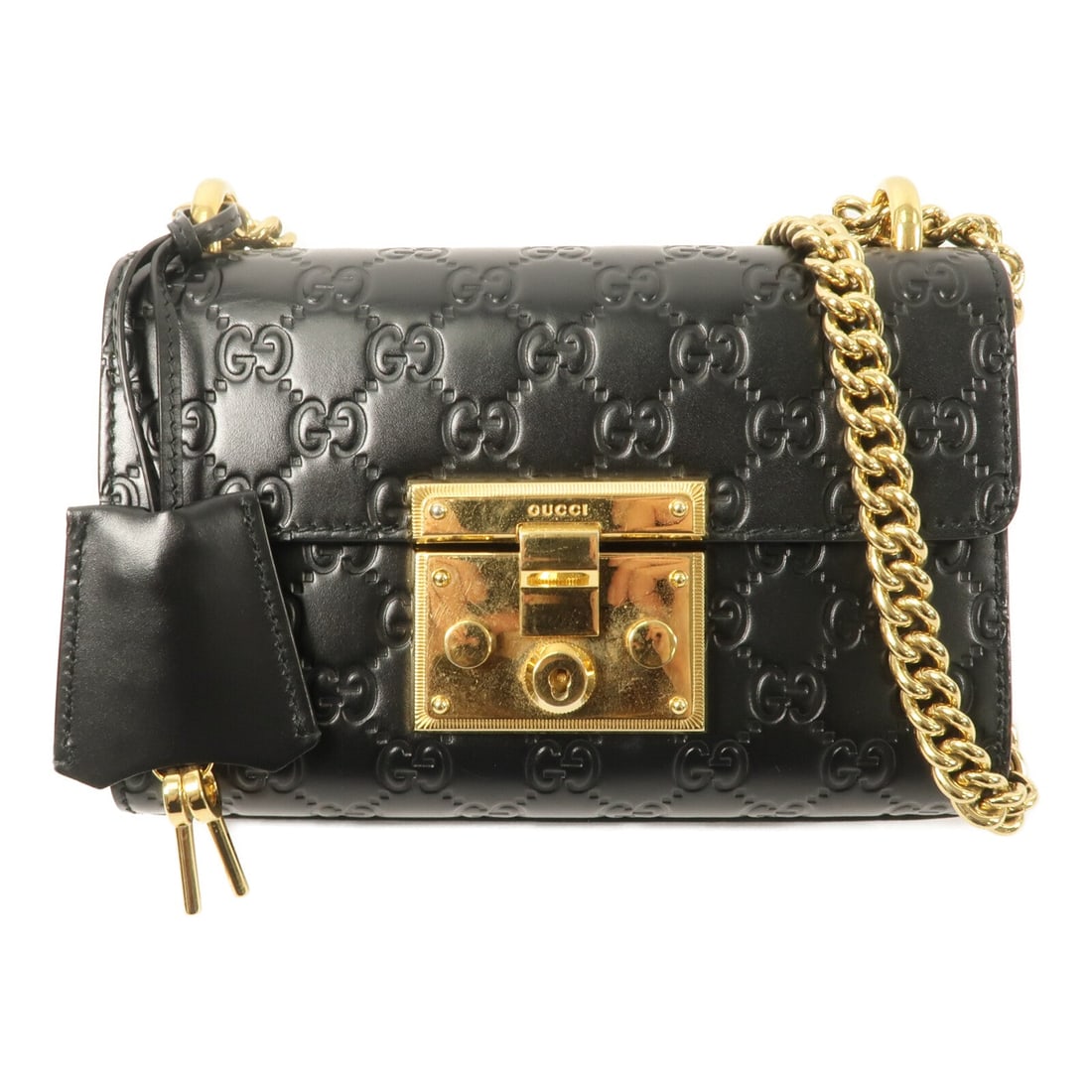 Gucci Padlock Chain Shoulder Black: Padlock chain shoulder bag in black calfskin. Includes clochette and key. Size 20 x 13.5 x 8 cm.