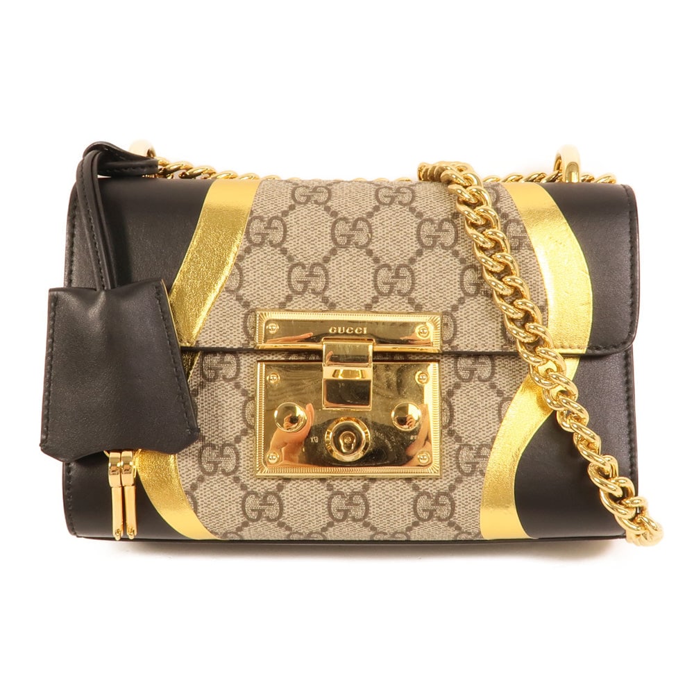 Gucci Padlock Chain Black: Padlock chain shoulder bag in black coated canvas and calfskin. Includes storage bags, clochette, and key. Size 20 x 13 x 8 cm.