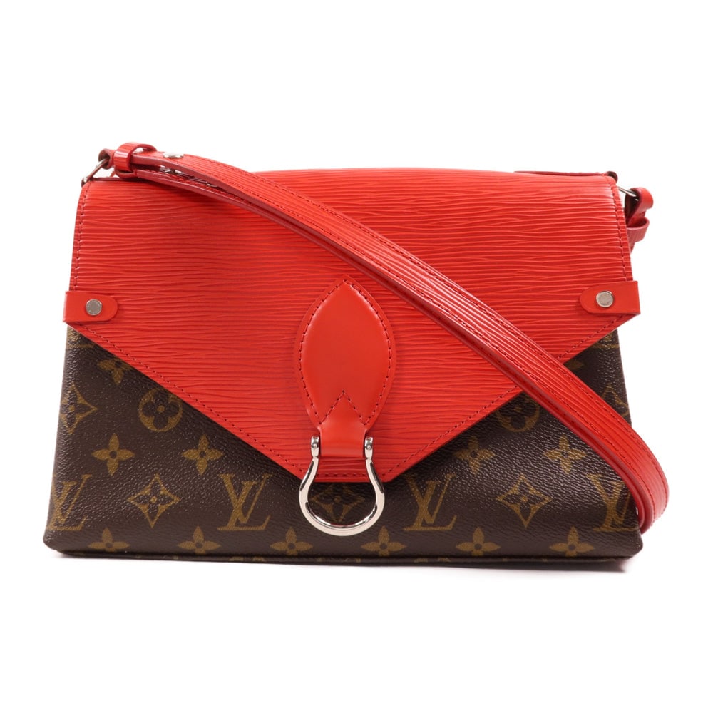 LV Saint Michel Brown Red: Brown and red Monogram PVC coated canvas and embossed leather Saint Michel shoulder bag. Approx. 25 x 16.5 x 8 cm; strap 62-110 cm. Product no. CA3197. Authentic and authenticated.