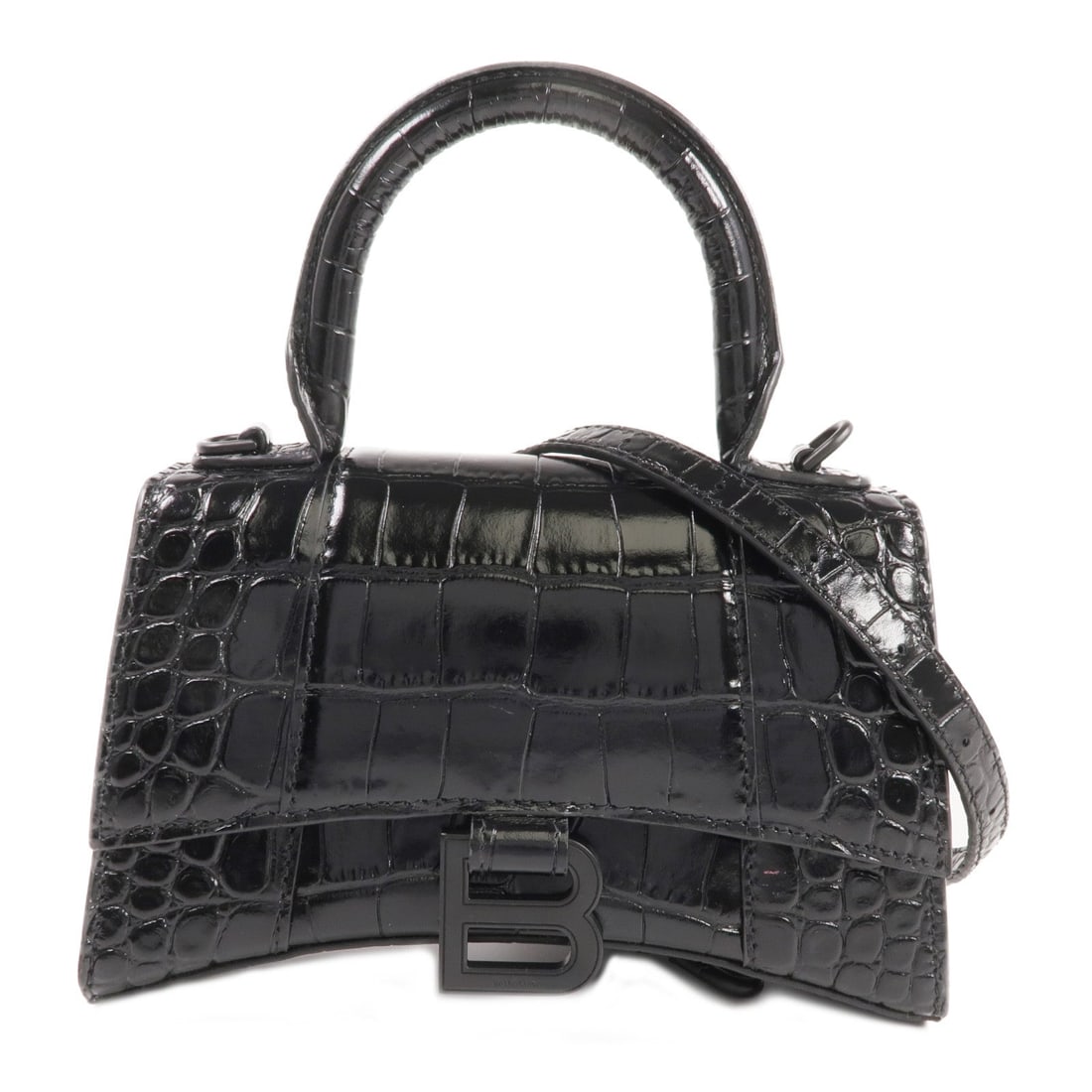 Balenciaga Hourglass 2 Way Black: Hourglass 2 way shoulder bag 592833 in black calfskin. Includes shoulder strap. Size 19 x 12 x 7 cm.