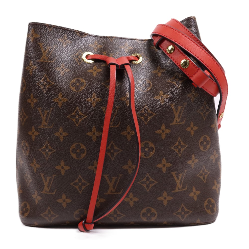 LV Neo Noe Bucket Coquelicot: Brown and red Monogram PVC coated canvas Neo Noe bucket shoulder handbag with shoulder strap. Approx. 26 x 26 x 17.5 cm; strap 67-116 cm. Product no. AH1177. Authentic and authenticated.