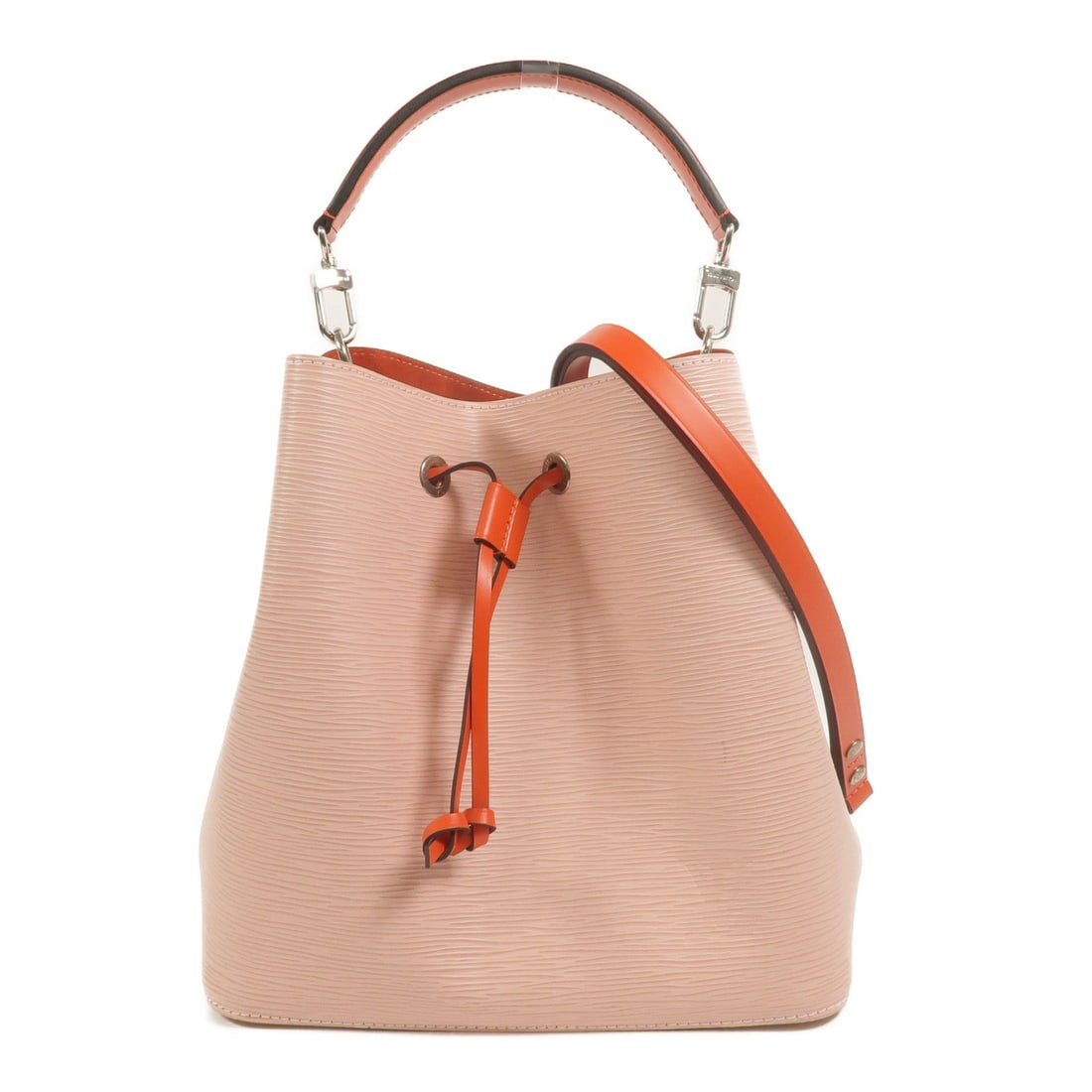 LV NeoNoe Epi Pink: NeoNoe 2 way shoulder bag M54370 in pink red Epi calfskin with silver hardware. Includes shoulder strap. Size 25.5 x 25.5 x 17 cm.