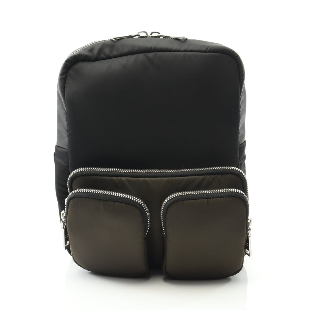 Prada Tessuto Pocket Backpack Black: Black and khaki green nylon Prada TESSUTO POCKET backpack with 2 pouches. Approx. 25 x 31 x 8 cm; straps 57-115 cm. Model 2VZ043. Authentic and authenticated.