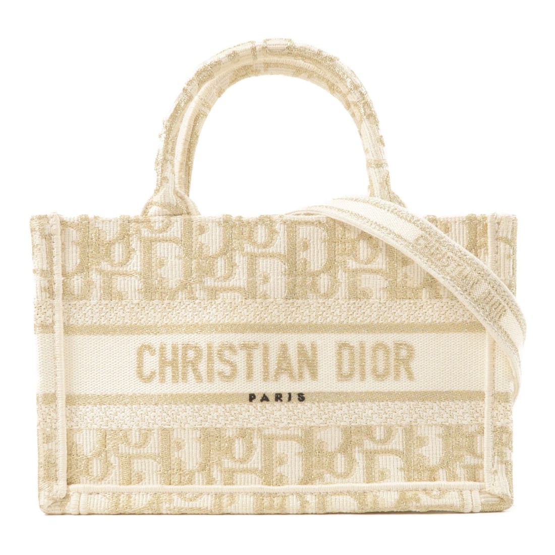 Dior Book Tote Mini: White and gold canvas mini 2 way bag.