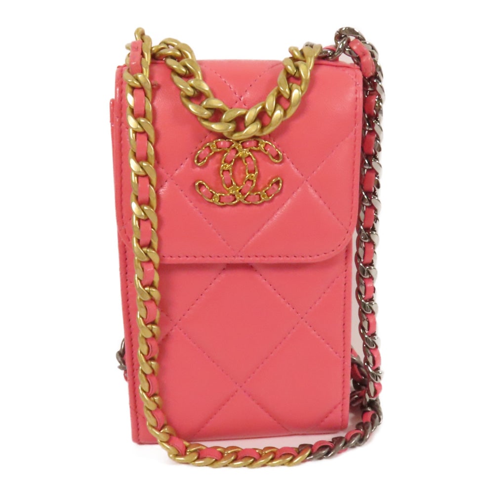 Chanel Chain Shoulder Bag: Pink calfskin chain shoulder bag with GHW; includes storage bag and hologram sticker; W10 x H17 x D1.5 cm; handle 13 cm; strap 127 cm. Authentic and authenticated.