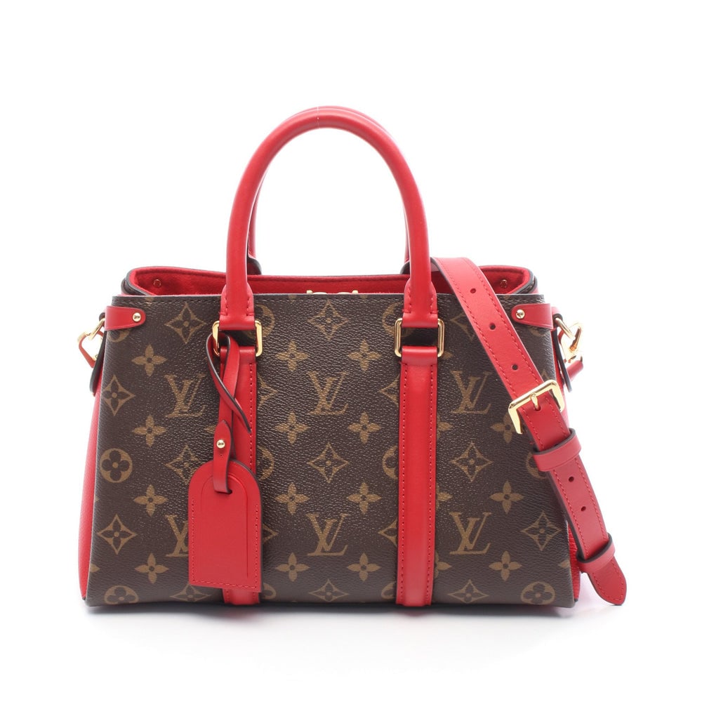 Louis Vuitton Soufflot NV BB: Brown and red PVC and leather 2 way handbag; includes strap and name tag; H19 x W24.5/29 x D12.5 cm; handle 31 cm. Authentic and authenticated.