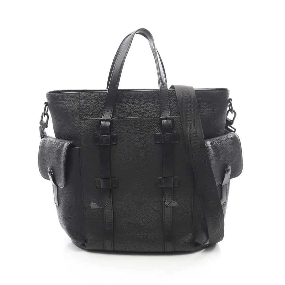 Louis Vuitton Christopher Tote 2 Way: Black leather tote handbag; includes shoulder strap; H39 x W40/34 x D12 cm; handle 39-44 cm. Authentic and authenticated.