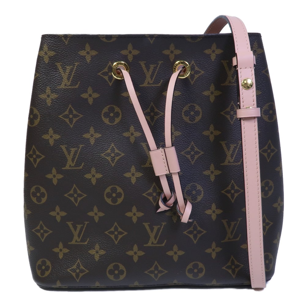 Louis Vuitton Neo Noe MM 2 Way: Rose Poudre and brown monogram PVC coated canvas 2 way bag with GHW; includes strap; W25 x H25 x D17 cm. Authentic and authenticated.