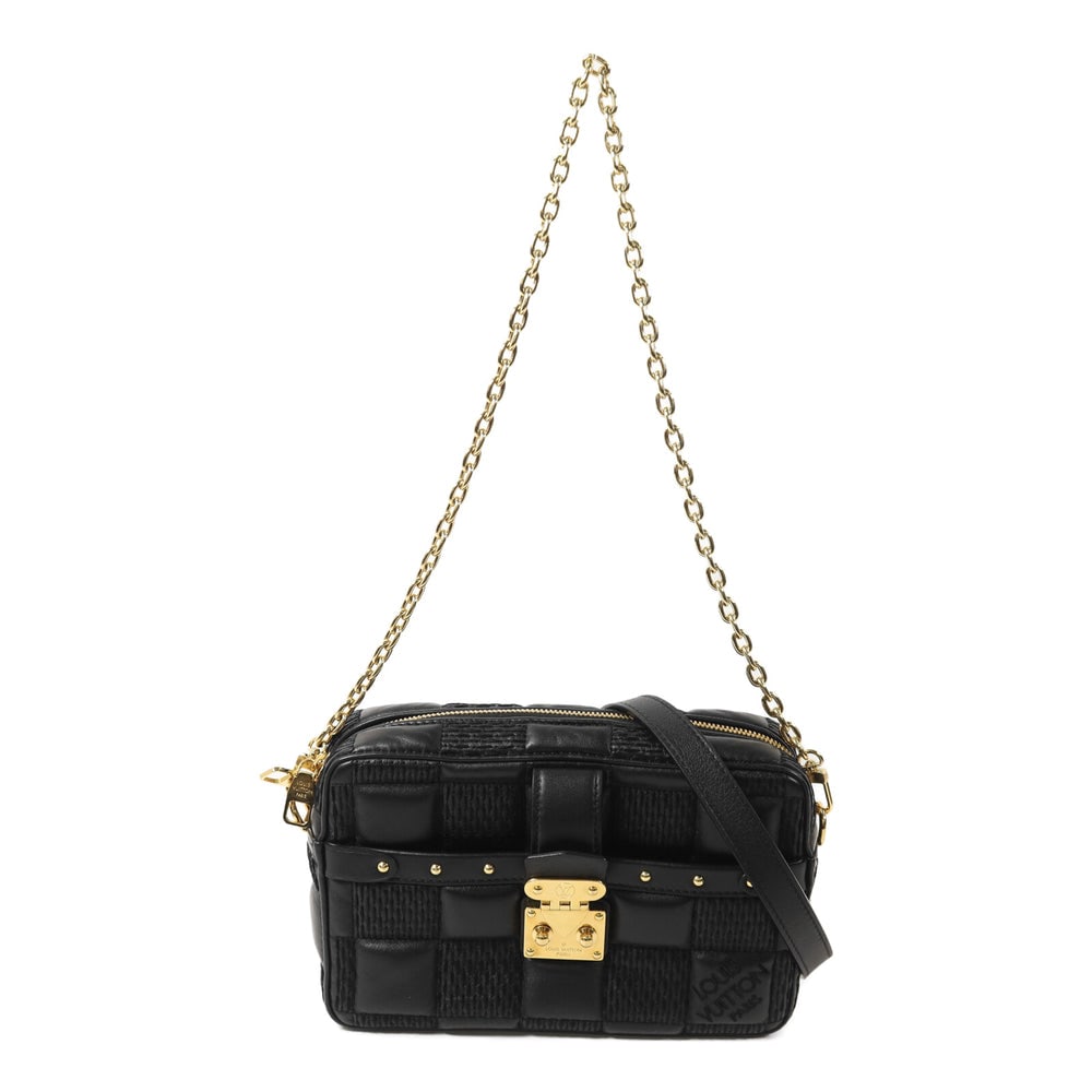 Louis Vuitton Troca PM Chain Bag: Black lambskin Troca PM 2 way chain shoulder bag with GHW; includes storage bag and strap; W22.5 x H14 x D6 cm. Authentic and authenticated.