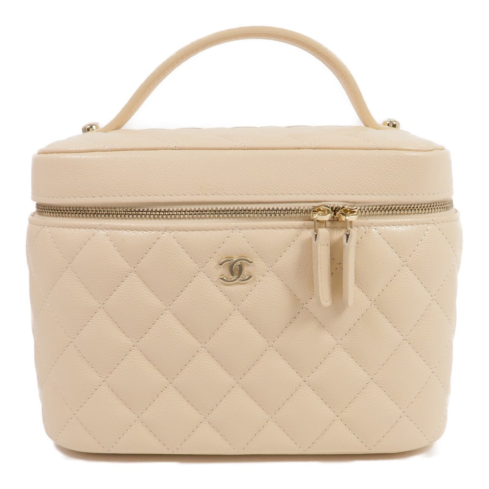 Chanel Vanity Pouch: Beige calfskin vanity pouch cosmetic bag with GHW; hologram sticker included; W21 x H15.5 x D13 cm; handle 19 cm. Authentic and authenticated.