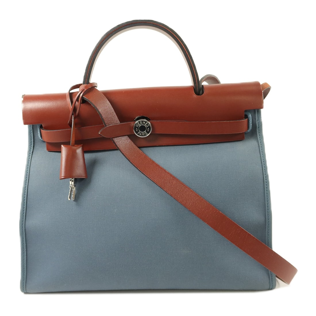 Hermes Herbag PM Bleu Tempete: Blue canvas 2 way shoulder bag.
