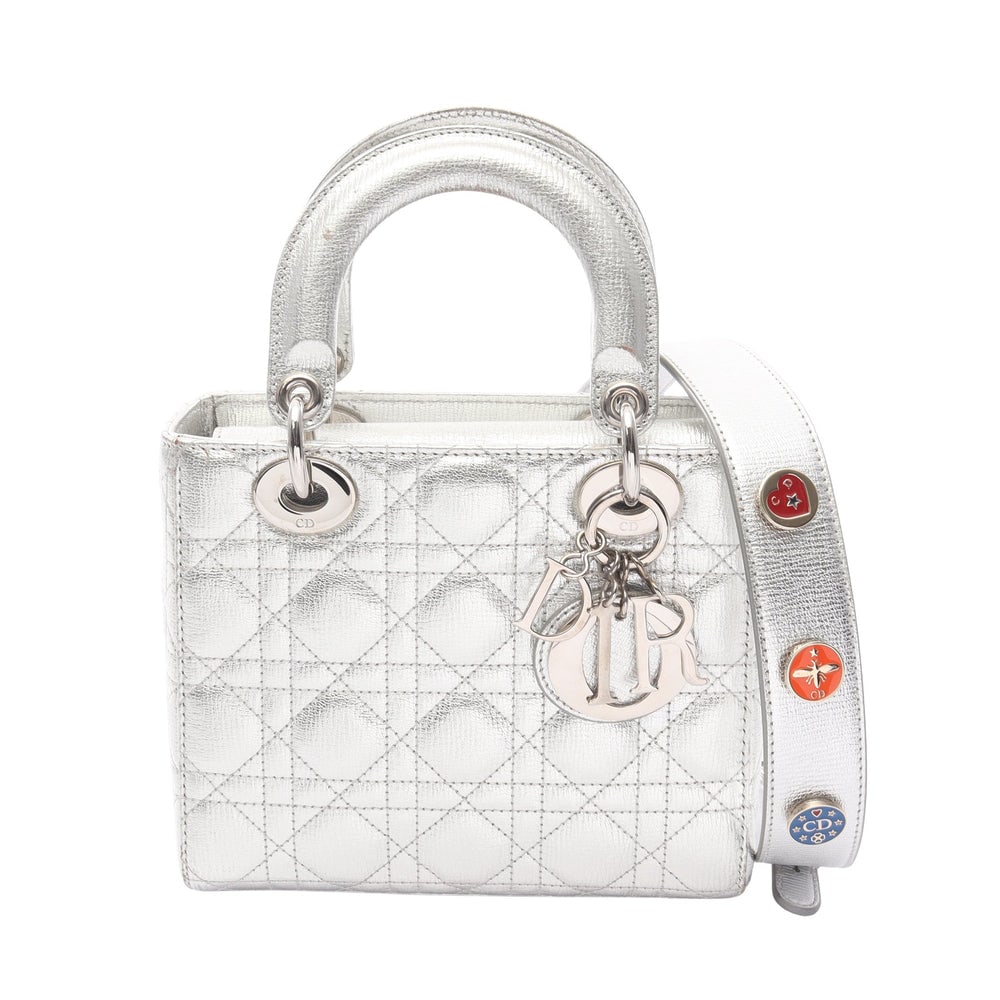 Dior My ABCDior Lady Dior: Silver leather 2 way Lady Dior handbag; includes shoulder strap; H17 x W20 x D8 cm; handle 30 cm. Authentic and authenticated.