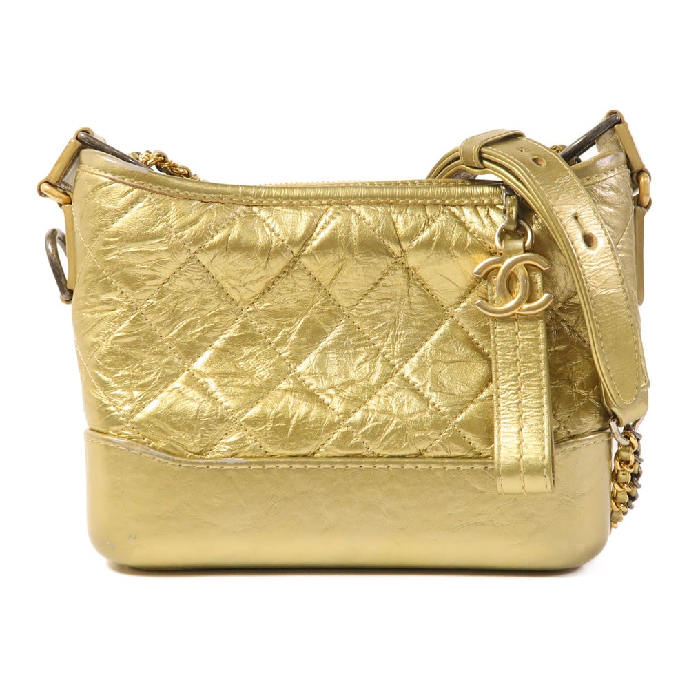 Chanel Gabrielle Small Chain Bag: Gold calfskin Gabrielle small chain shoulder bag; includes storage bag and hologram sticker; W20-21 x H15 x D8 cm. Authentic and authenticated.
