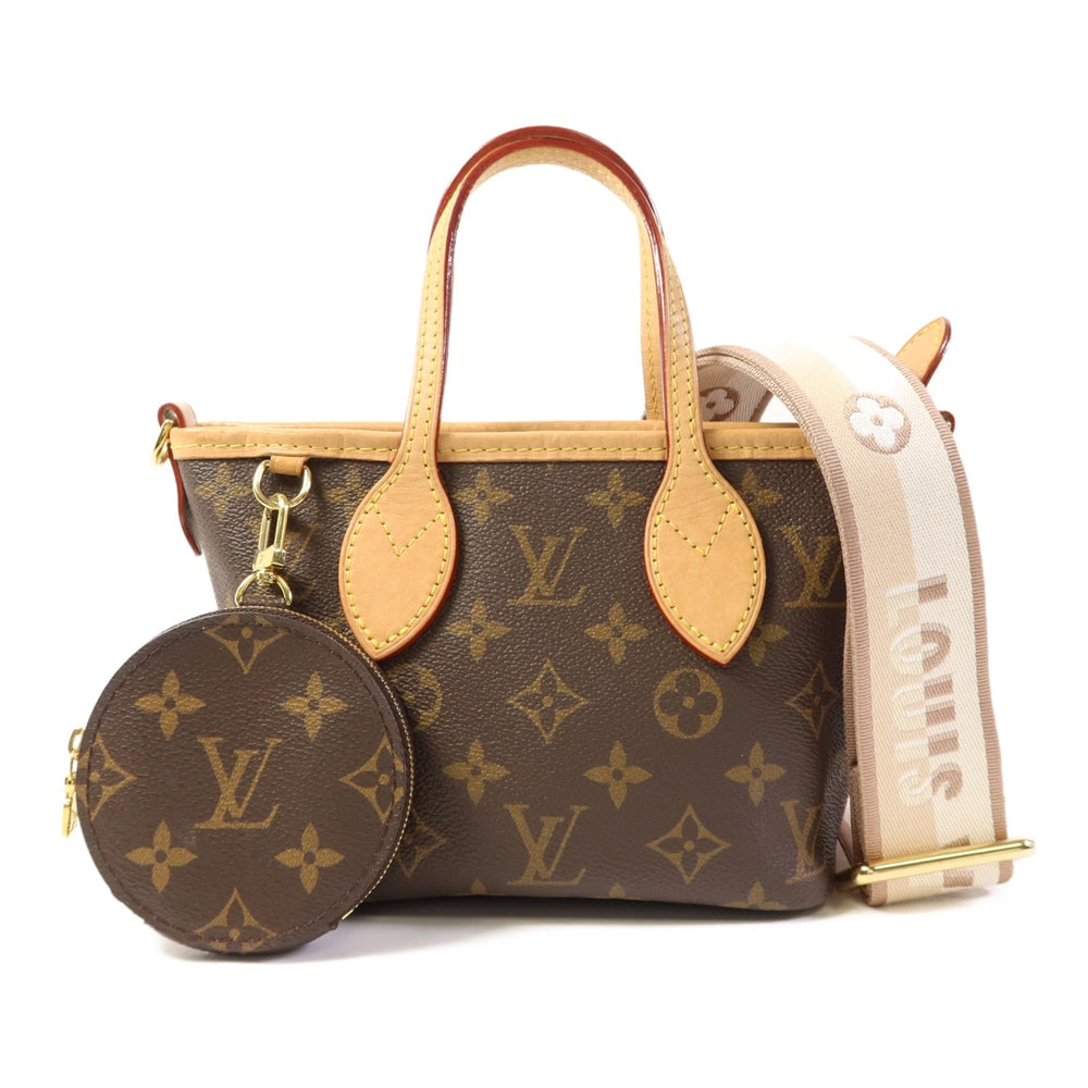 Louis Vuitton Neverfull BB 2 Way: Brown monogram PVC coated canvas 2 way handbag with GHW; includes strap and pouch; W17 x H15 x D9 cm. Authentic and authenticated.