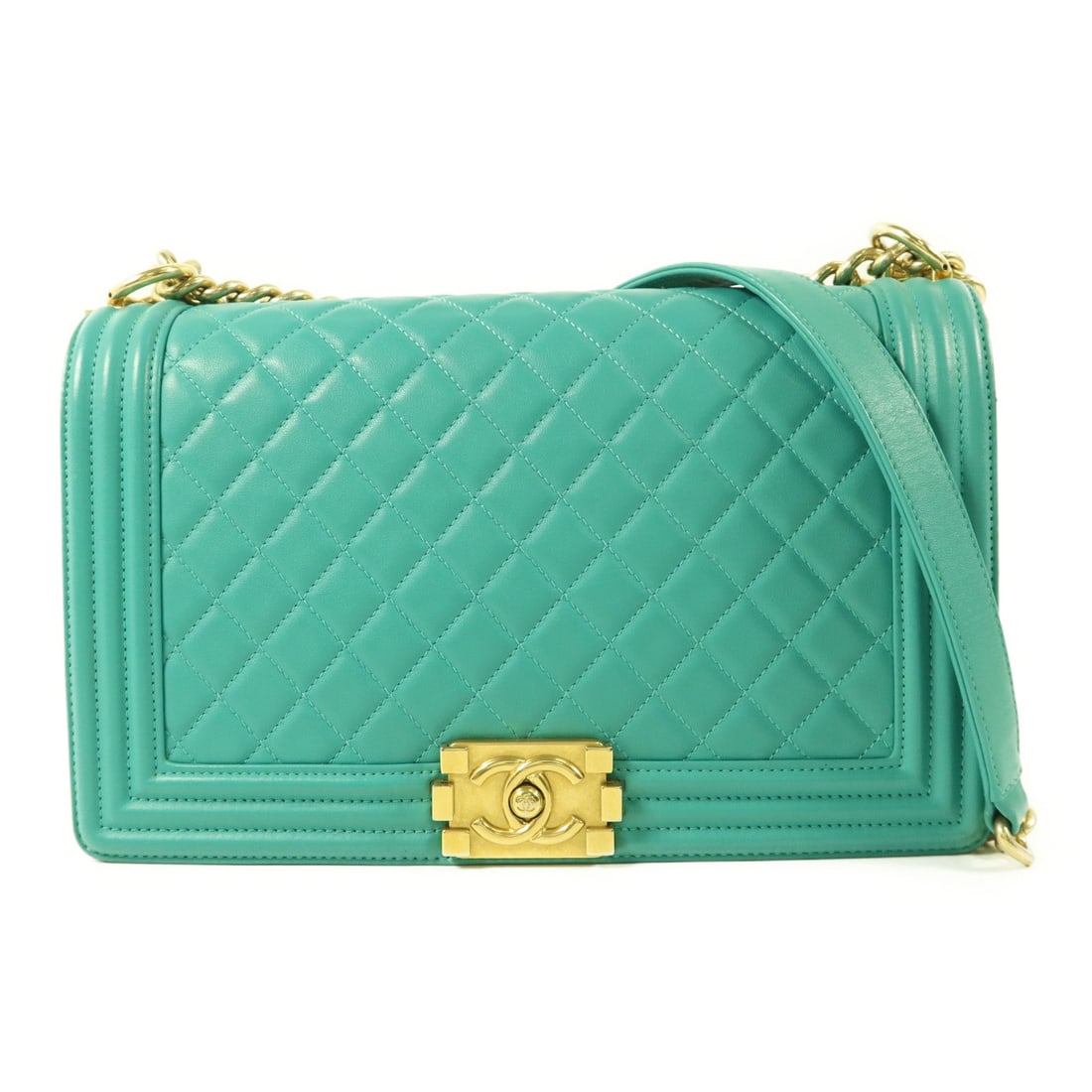 Chanel Boy 28 Chain Bag: Turquoise lambskin chain shoulder bag.
