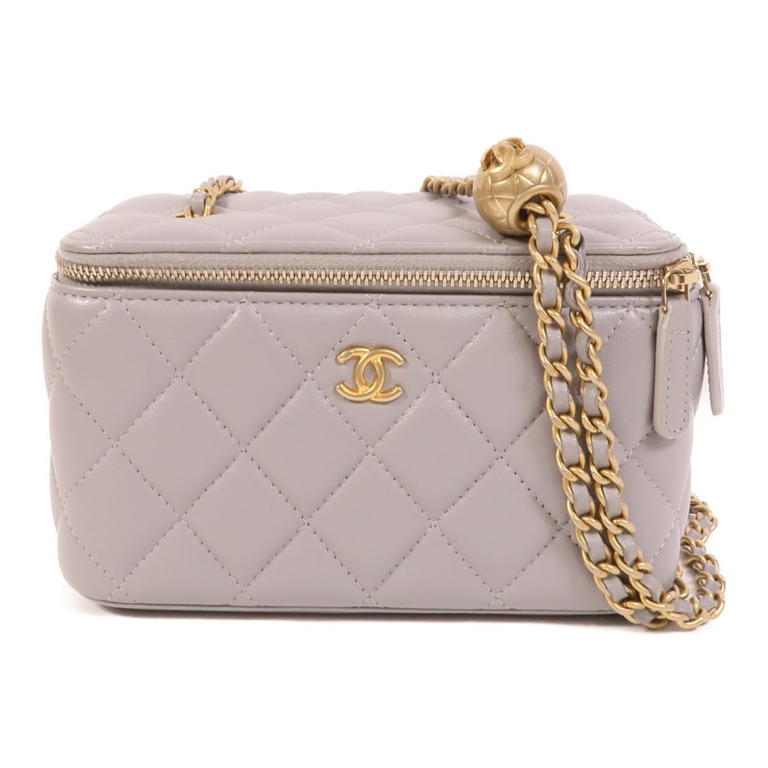 Chanel Vanity Case Gold Ball: Grey lambskin shoulder bag.