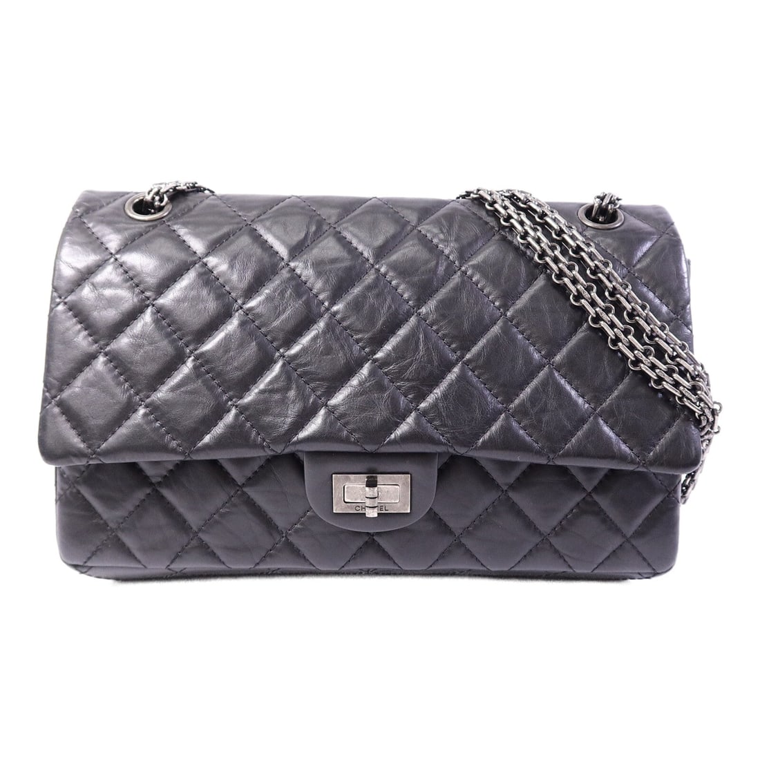 Chanel 2.55 Medium Black: Black calfskin 2.55 medium chain shoulder bag with silver-tone hardware.