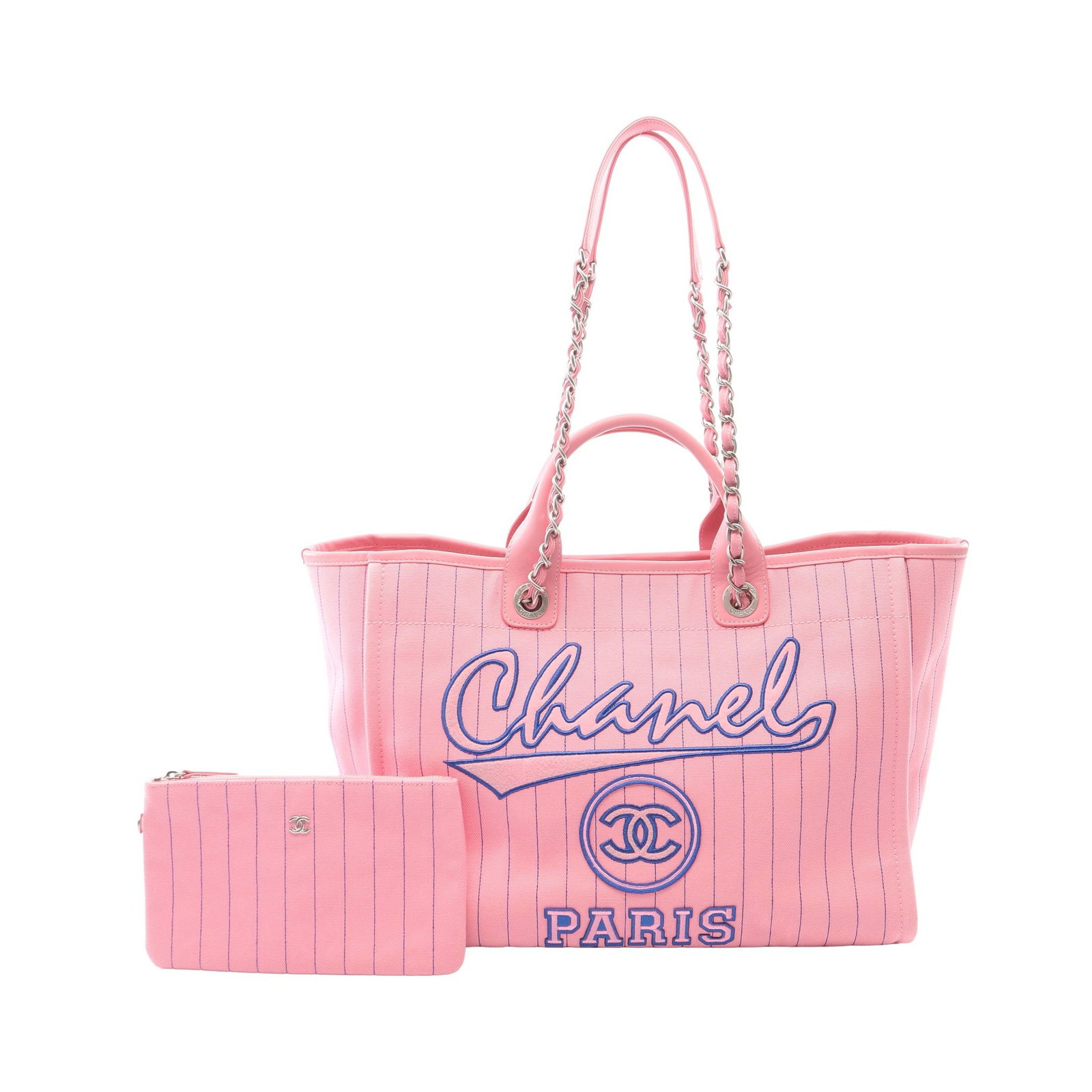 Chanel Deauville Large Tote Pink Blue: Pink and blue canvas leather chain tote bag with silver-tone hardware.