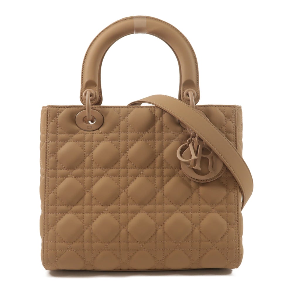 Dior Lady Dior Medium Beige: Beige calfskin Lady Dior medium 2-way shoulder bag with strap.