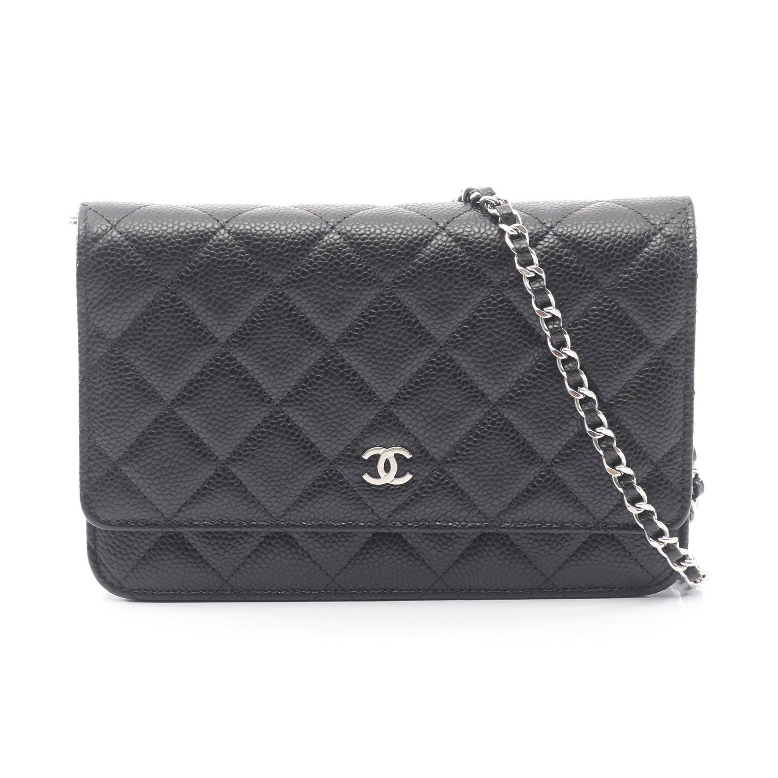 Chanel Chain Wallet Black: Black caviar skin chain wallet with silver-tone hardware.