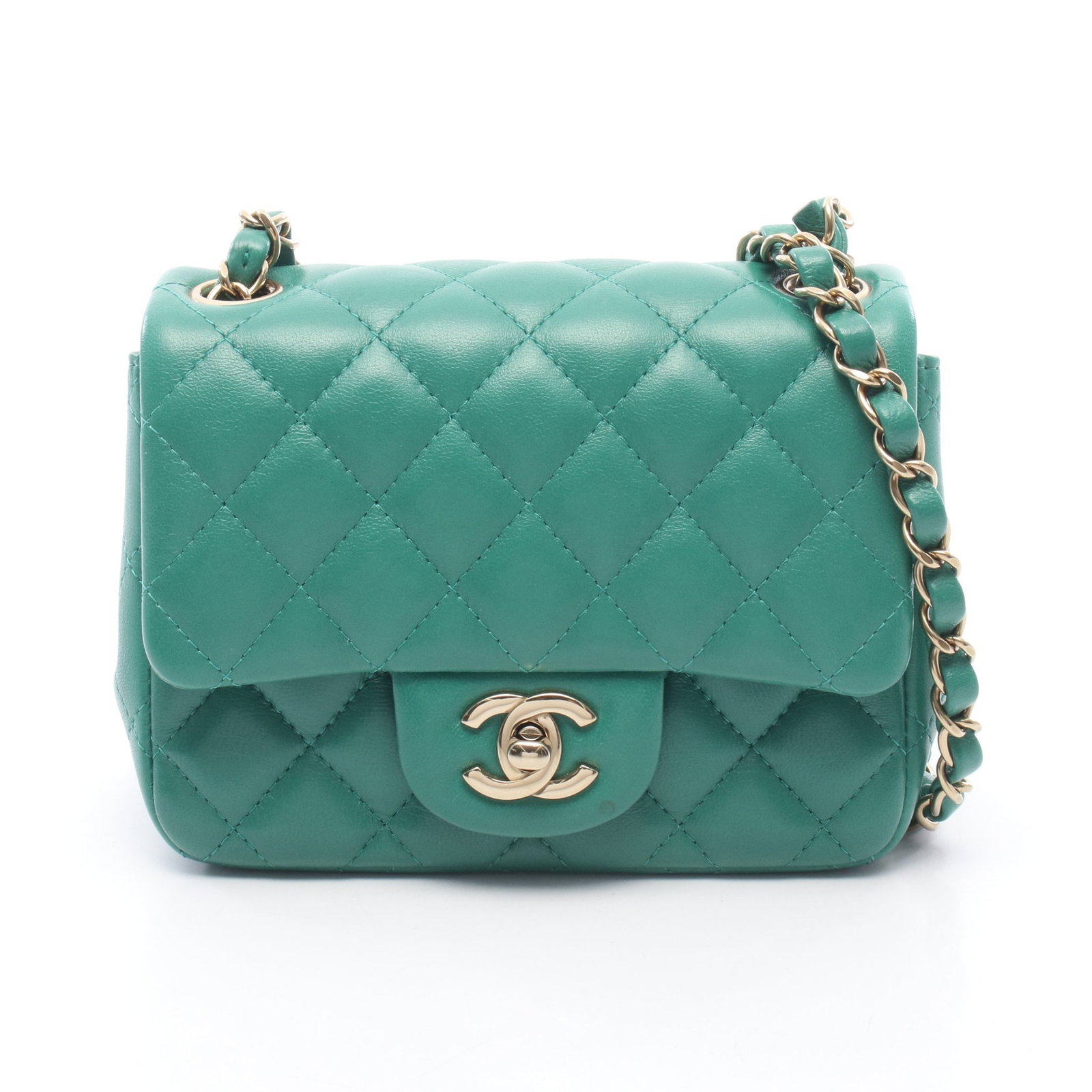 Chanel Mini Matelasse Green: Green lambskin mini matelasse chain shoulder bag with gold-tone hardware.