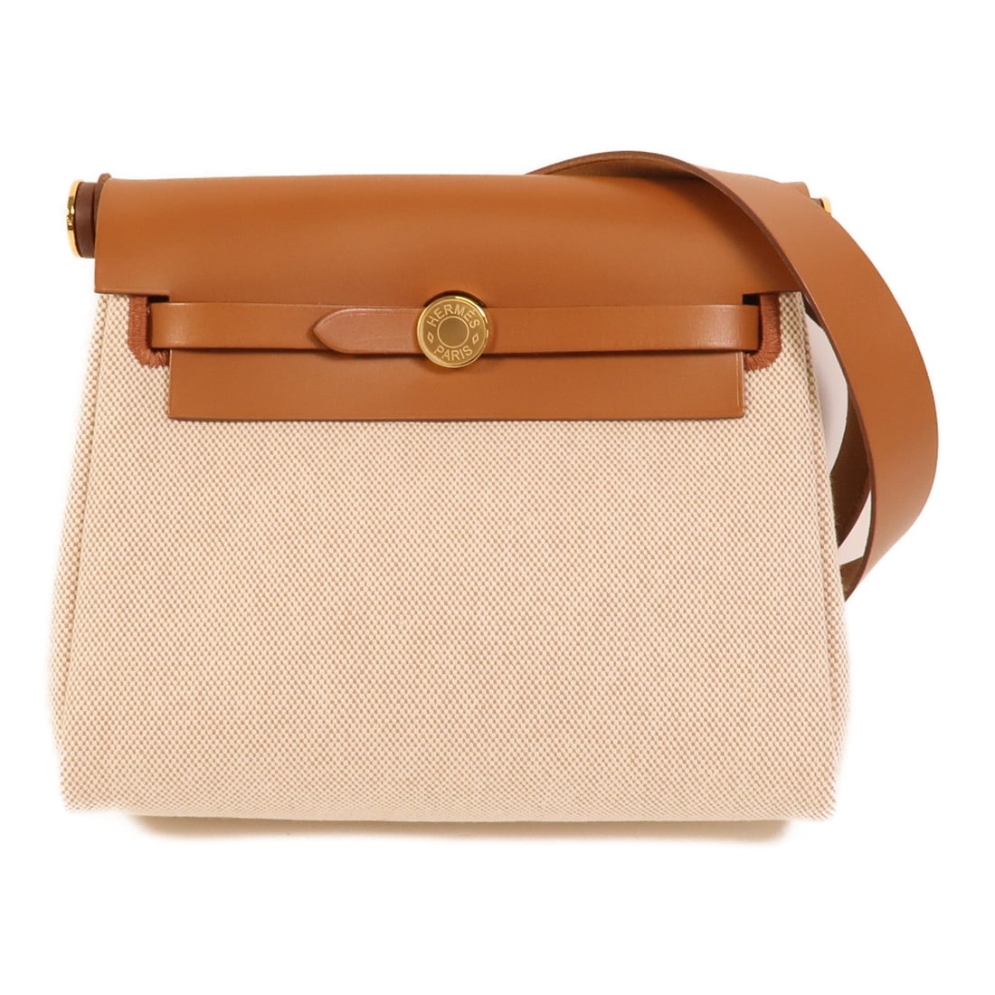 Hermes Mini Herbag Beige Fauve: Beige Fauve canvas mini Herbag shoulder bag with gold-tone hardware.