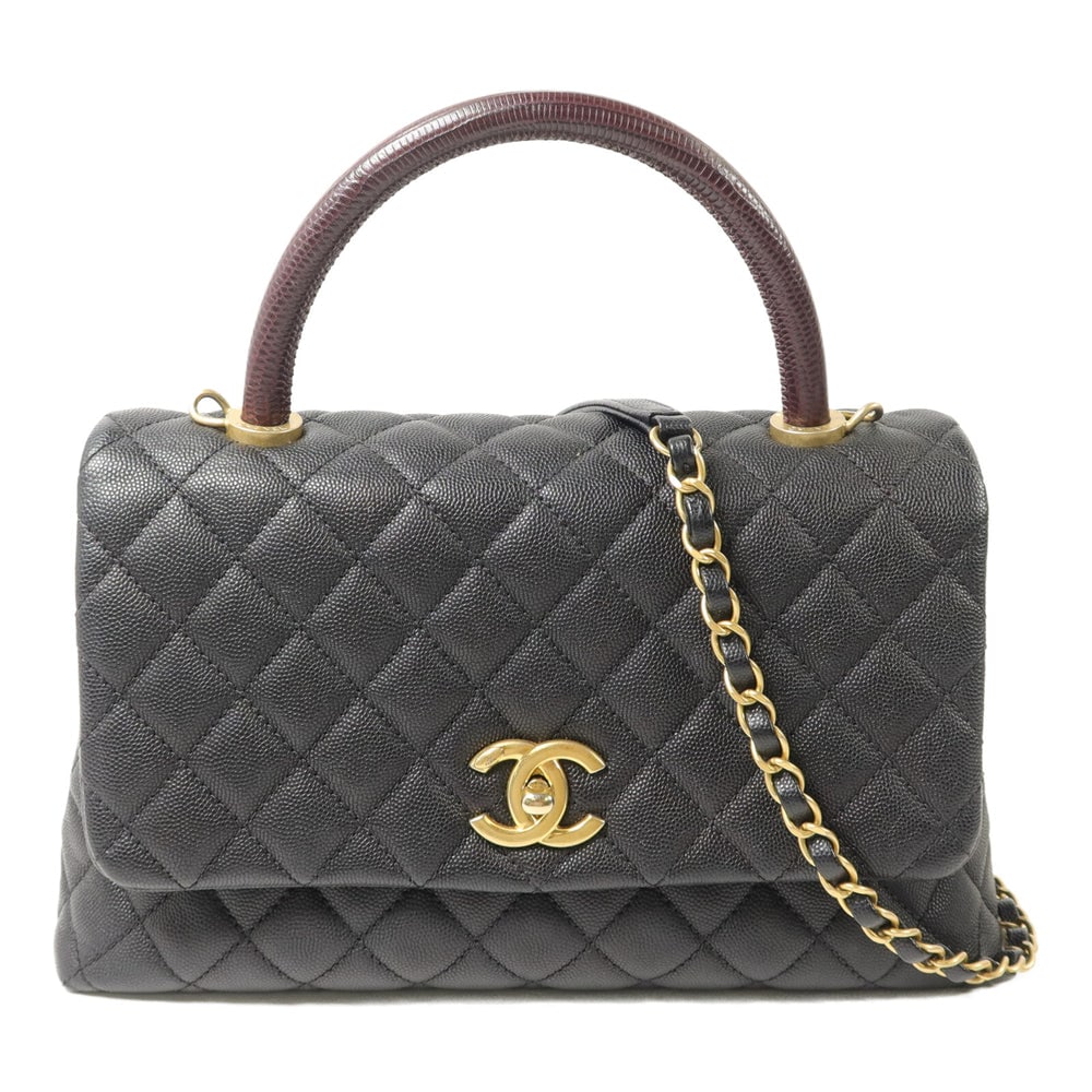 Chanel Coco Handle Medium Black: Black calfskin and lizard Coco Handle medium 2-way shoulder bag.