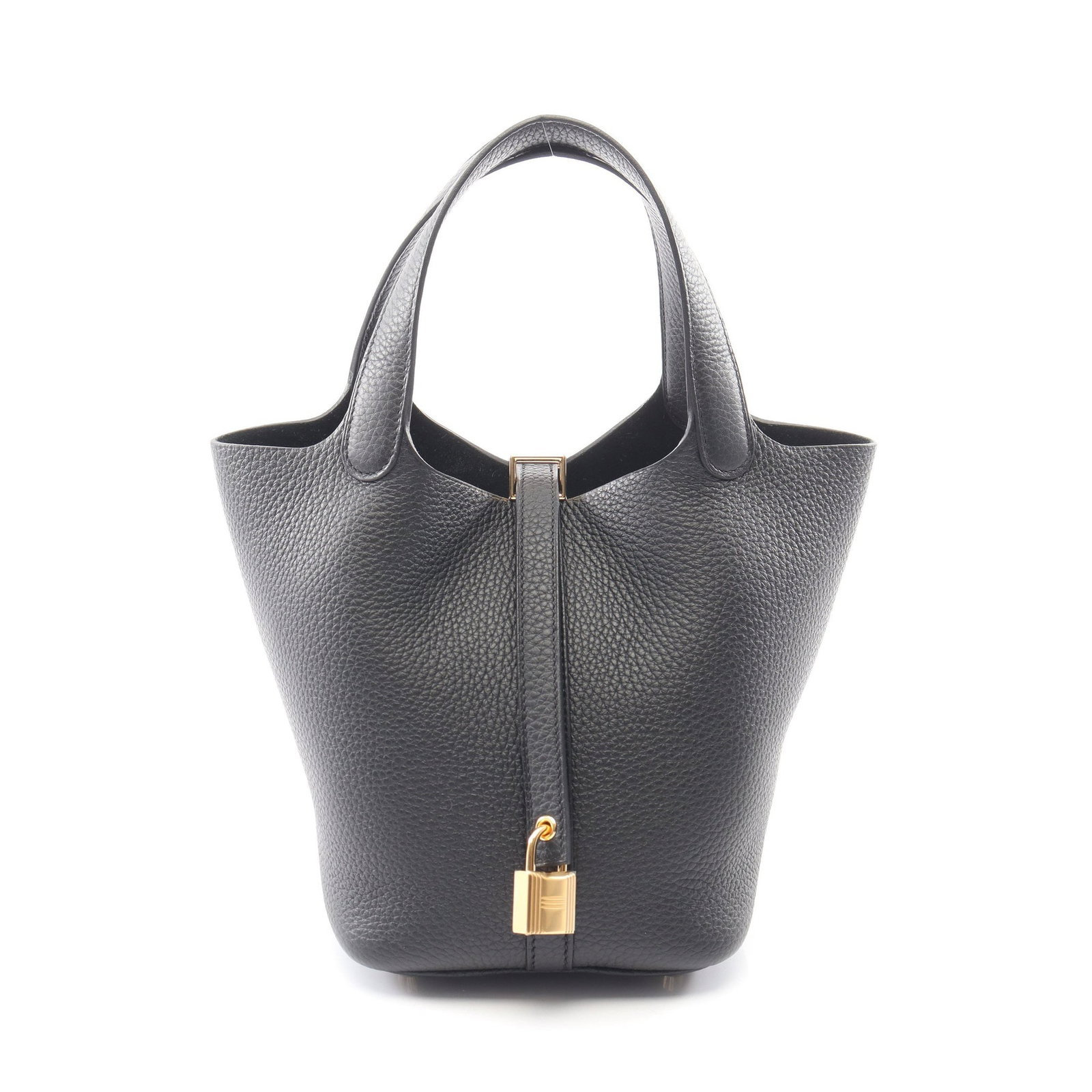 Hermes Picotan Lock PM Black: Black Clemence leather handbag with gold-tone hardware.
