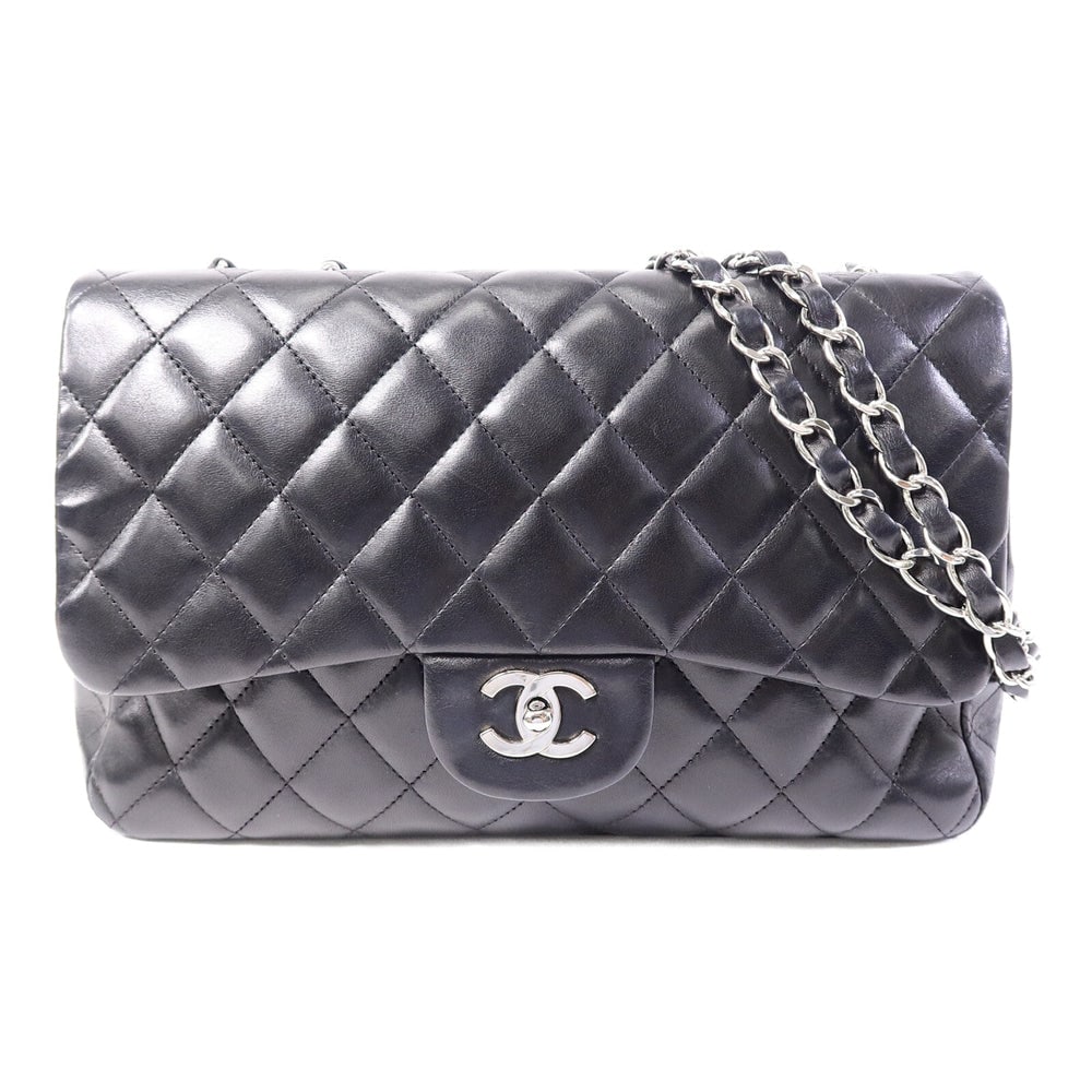 Chanel Large Classic Black: Black lambskin large classic chain shoulder bag with silver-tone hardware.