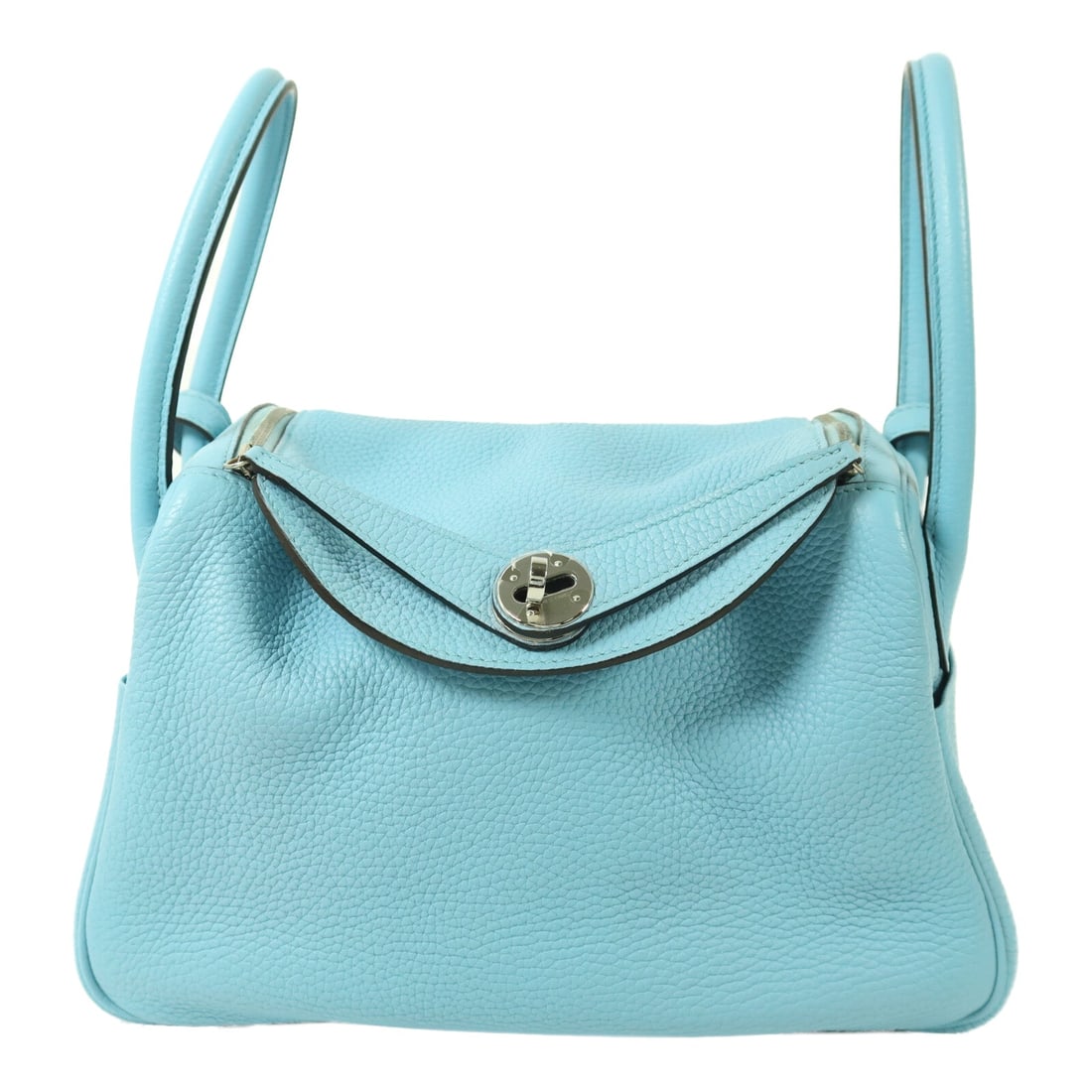 Hermes Lindy 26 Blue Atoll: Blue Atoll Taurillon Clemence leather 2-way shoulder bag with palladium-tone hardware.