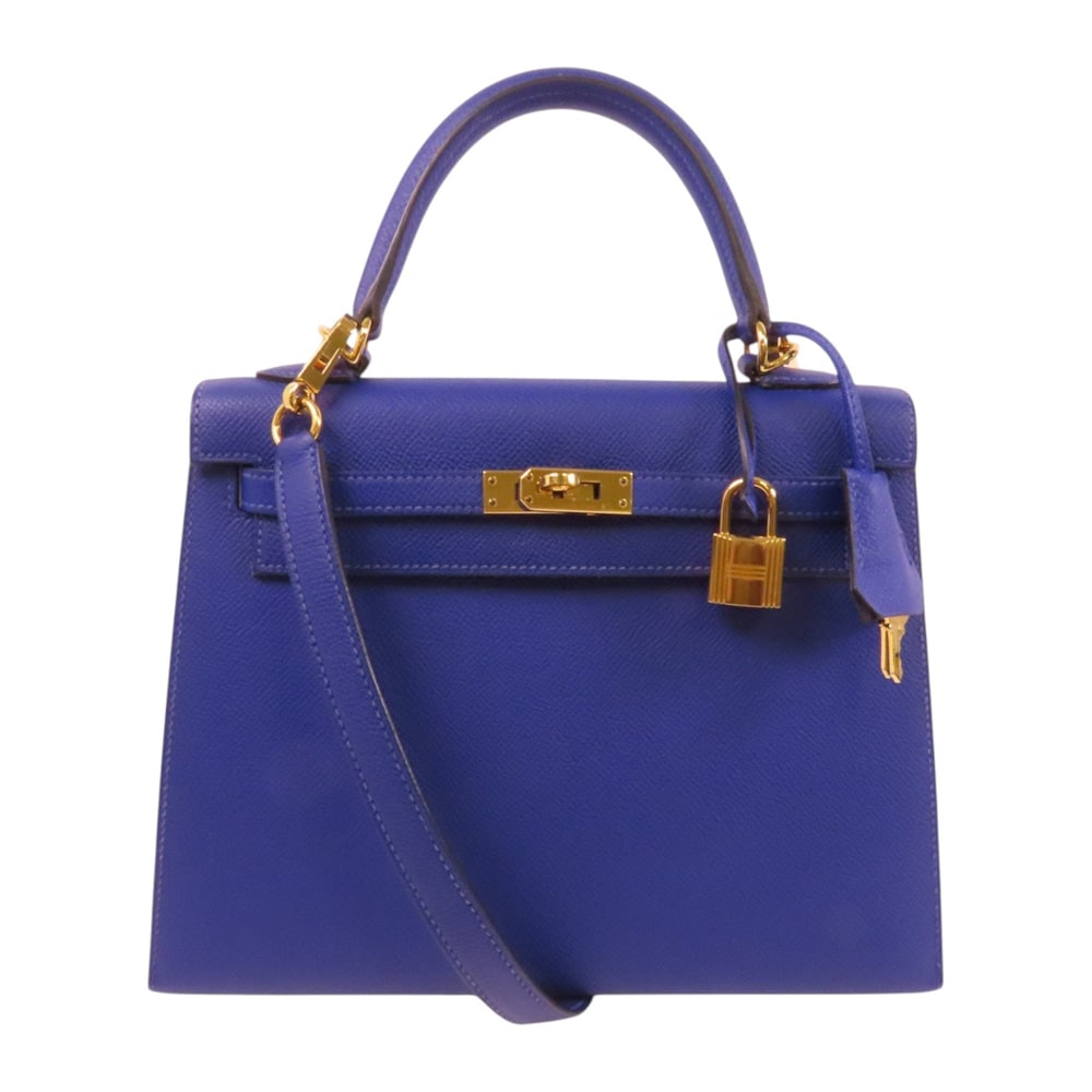 Hermes Kelly 25 Blue Electric: Blue Electric Epsom leather handbag shoulder bag. Includes storage bag strap clochette key and cadena. 25 x 19 x 9 cm.