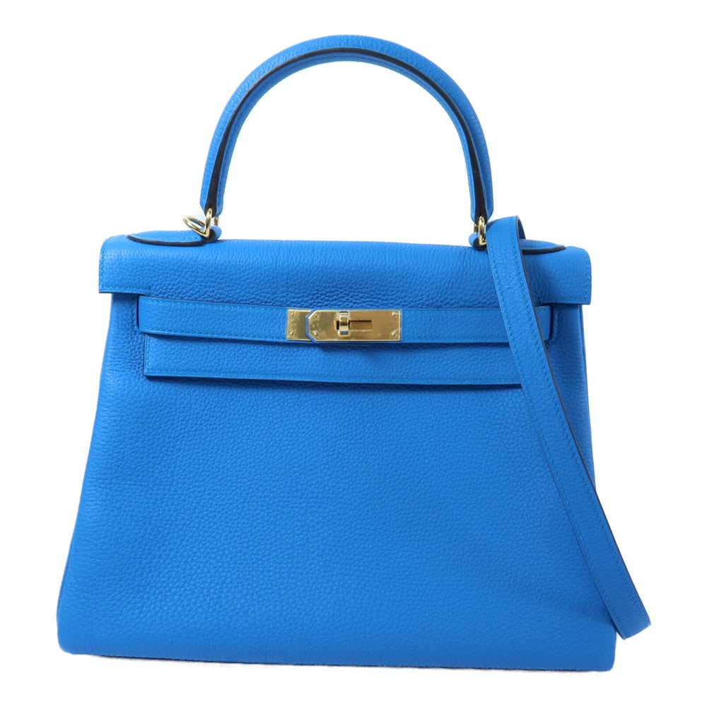 Hermes Kelly 28 Bleu Zanzibar: Bleu Zanzibar togo leather 2Way shoulder bag with gold hardware. Includes storage bags strap clochette key cadena and rain cover. 28 x 20 x 11 cm.