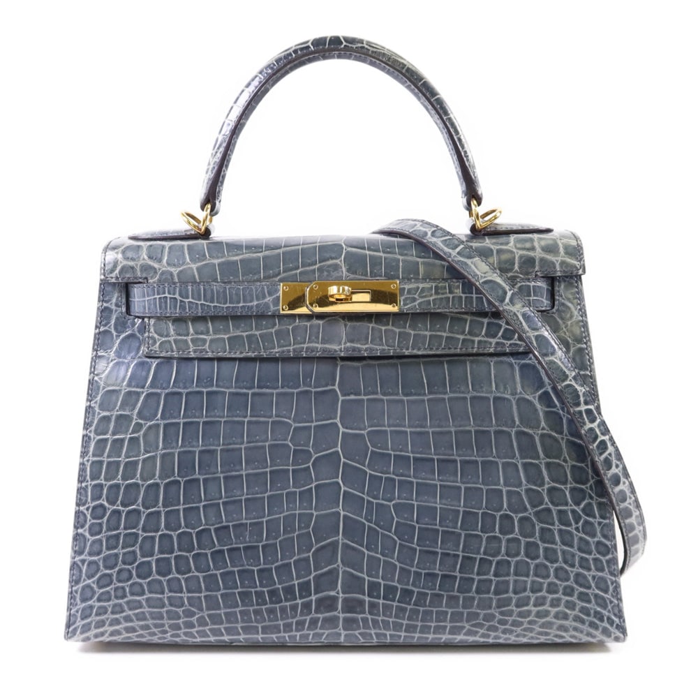 Hermes Kelly 28 Blue Orage: Blue Orage Niloticus crocodile skin 2Way shoulder bag. Includes storage bag and shoulder strap. 28 x 20 x 11 cm.