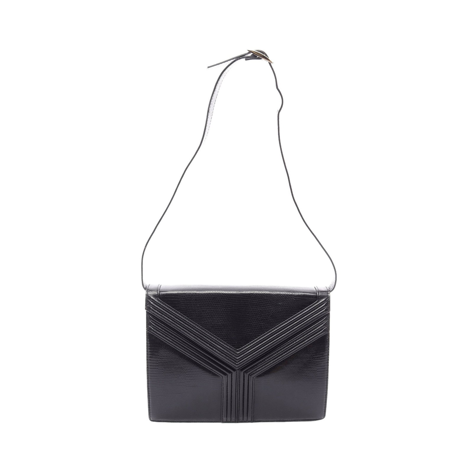 YSL Lizard Embossed Leather Shoulder Bag: Authentic and authenticated Yves Saint Laurent lizard embossed shoulder bag in black leather. Approx. 20H x 26W x 6D cm with 72-79 cm strap and 32 cm max drop. No accessories listed.