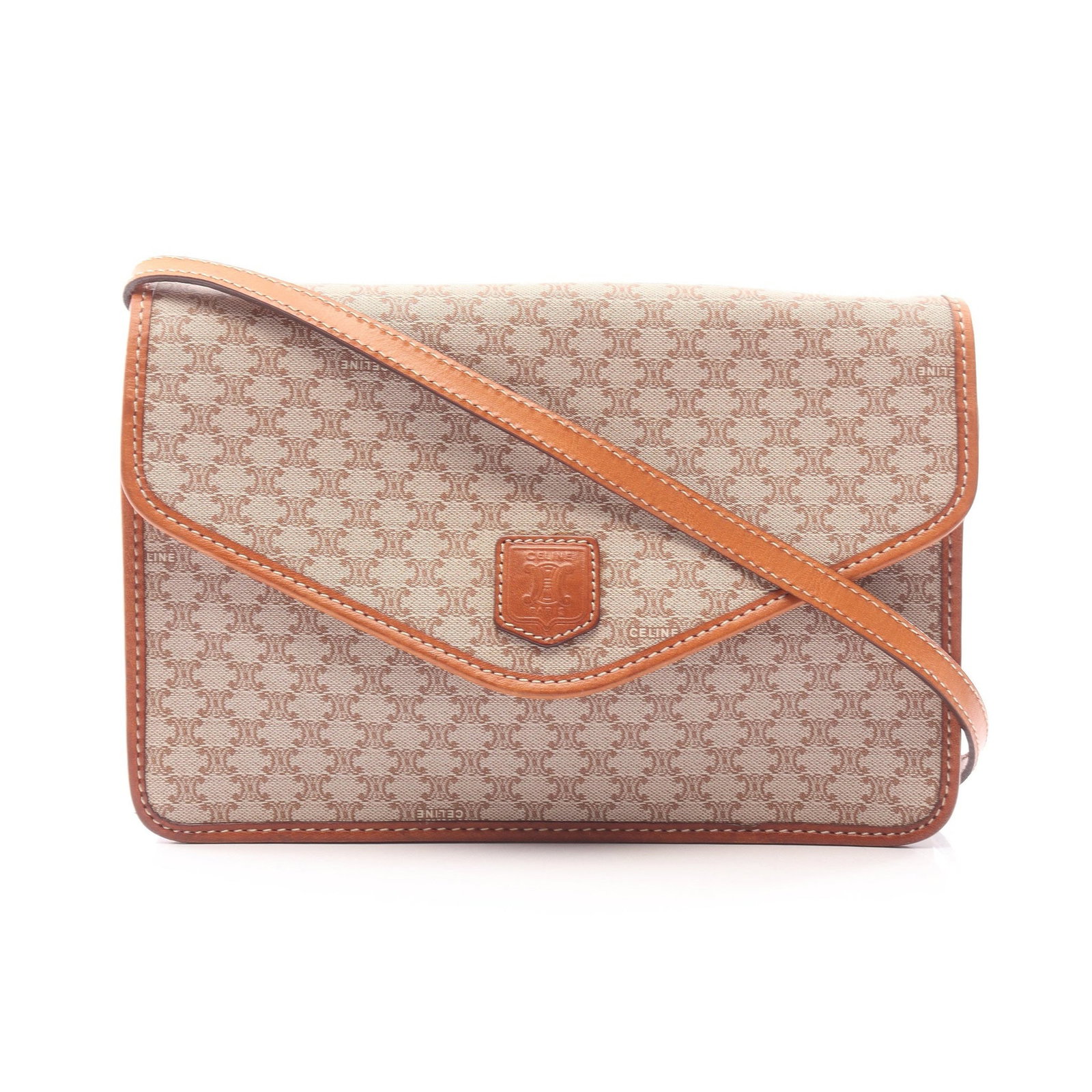 Celine Macadam Beige Brown Shoulder Bag: Authentic and authenticated Celine Macadam shoulder bag in beige/brown PVC and leather. Approx. 18H x 26W x 4D cm with 122 cm strap. No accessories listed.