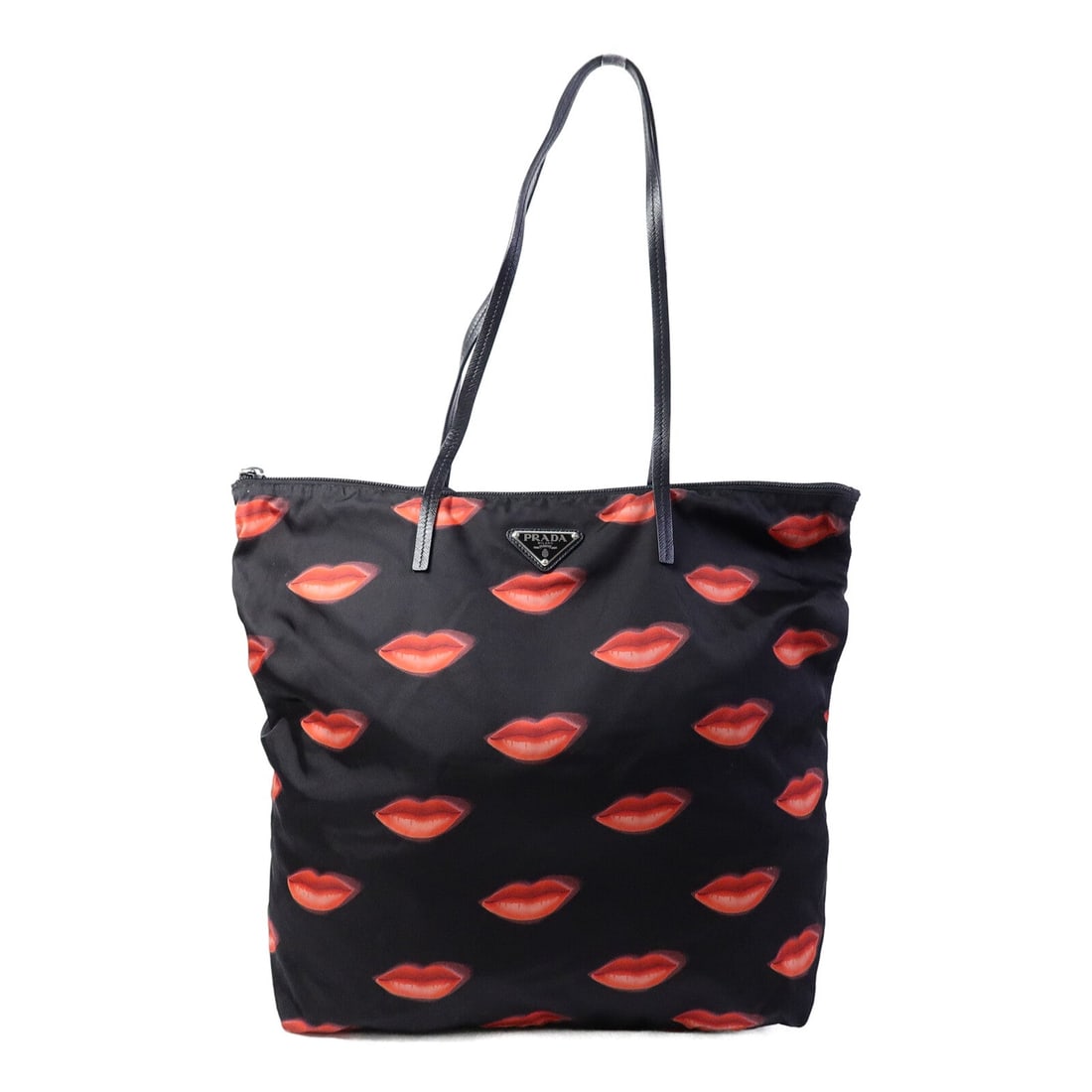 Prada Nylon Tote Bag Black Red: Authentic and authenticated Prada tote bag in black/red/multi nylon. Product no. 255. Approx. 34W x 36H x 14D cm with 56 cm handle. No accessories listed.