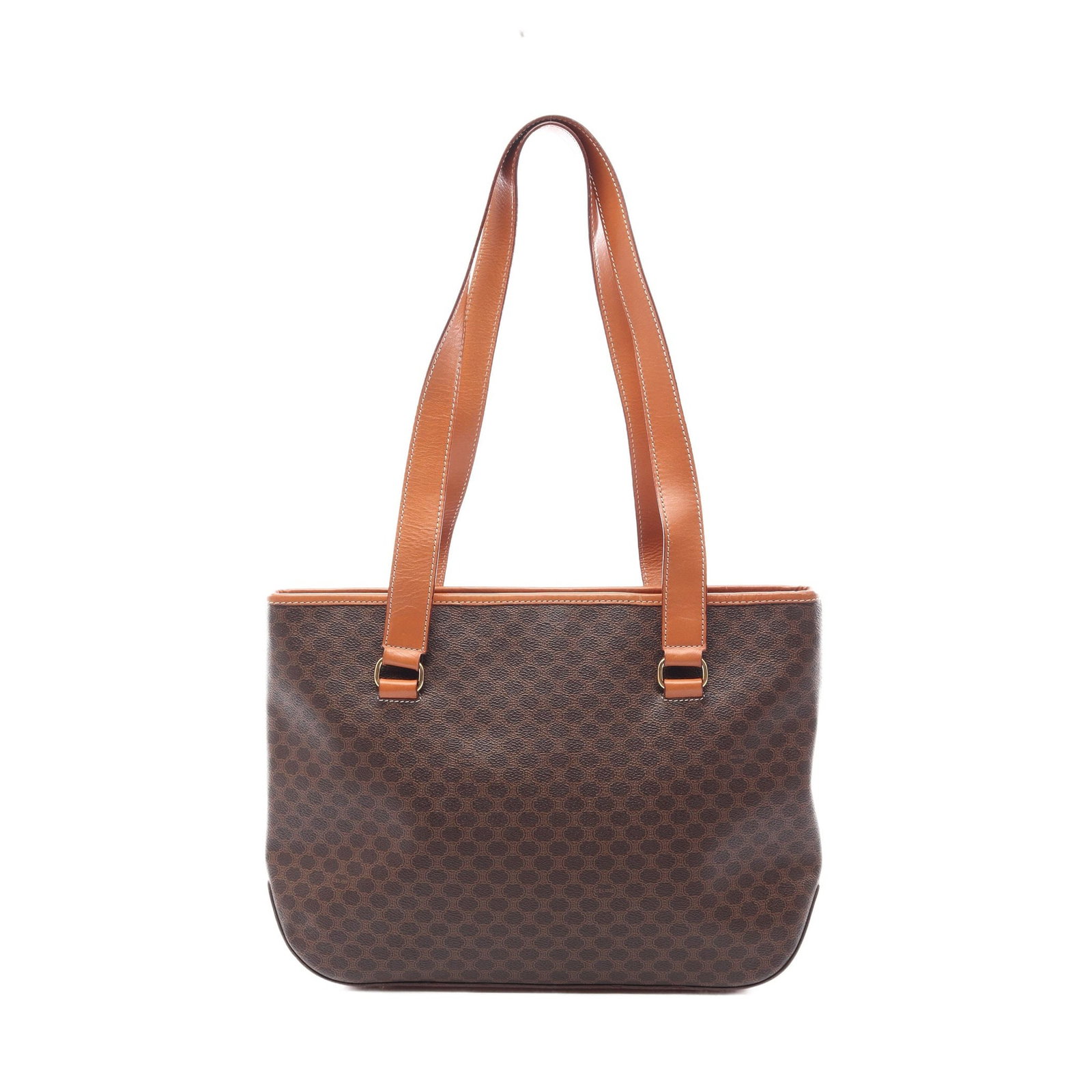 Celine Macadam PVC Leather Tote Bag: Authentic and authenticated Celine Macadam shoulder tote bag in dark brown/brown PVC and leather. Approx. 27.5H x 37/32W x 9.5D cm with 79 cm strap and 31 cm max drop. No accessories listed.
