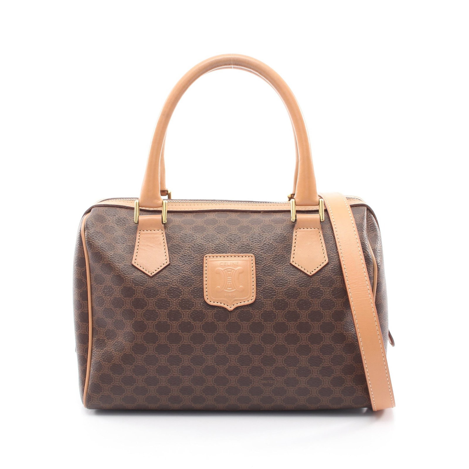 Celine Macadam 2WAY Handbag Brown: Authentic and authenticated Celine Macadam 2WAY handbag in dark brown/brown PVC and leather. Approx. 18H x 25W x 13D cm with 37 cm handle and 105 cm shoulder strap. Includes shoulder strap.