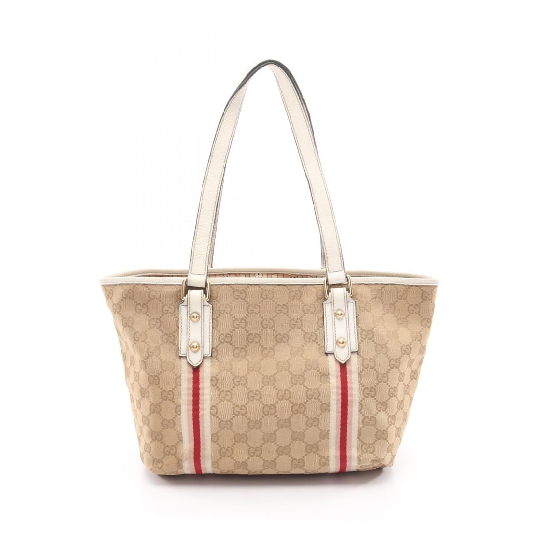 Gucci Sherry Line Canvas Tote Beige: Authentic and authenticated Gucci GG canvas Sherry line tote handbag in beige/white/pink canvas and leather. Model 137396. Approx. 22H x 39/27W x 14D cm with 52 cm handle. No accessories listed.