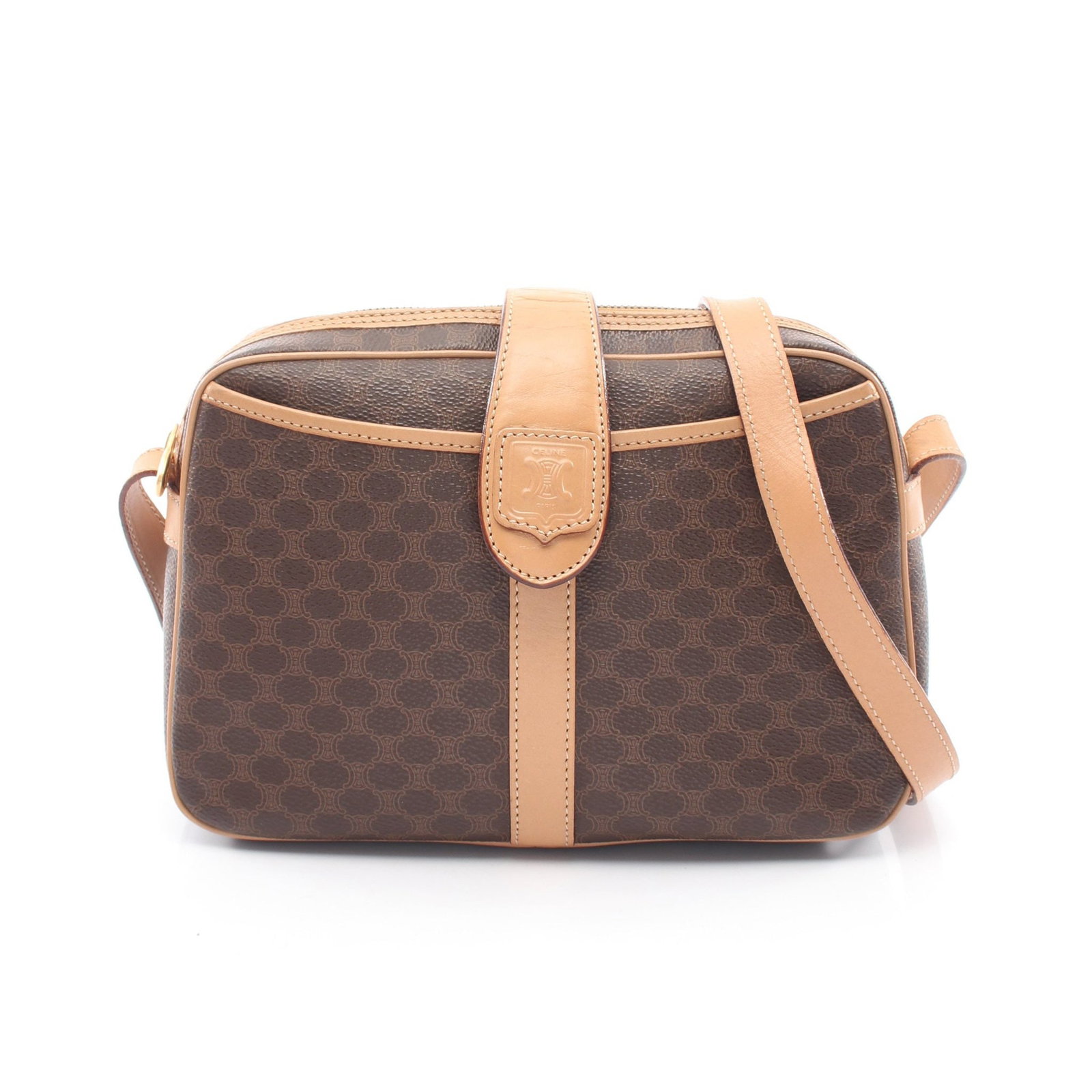 Celine Macadam Shoulder Bag Brown: Authentic and authenticated Celine Macadam shoulder bag in dark brown/brown PVC and leather. Approx. 17H x 22/25W x 6.5D cm with 104-113 cm strap. No accessories listed.