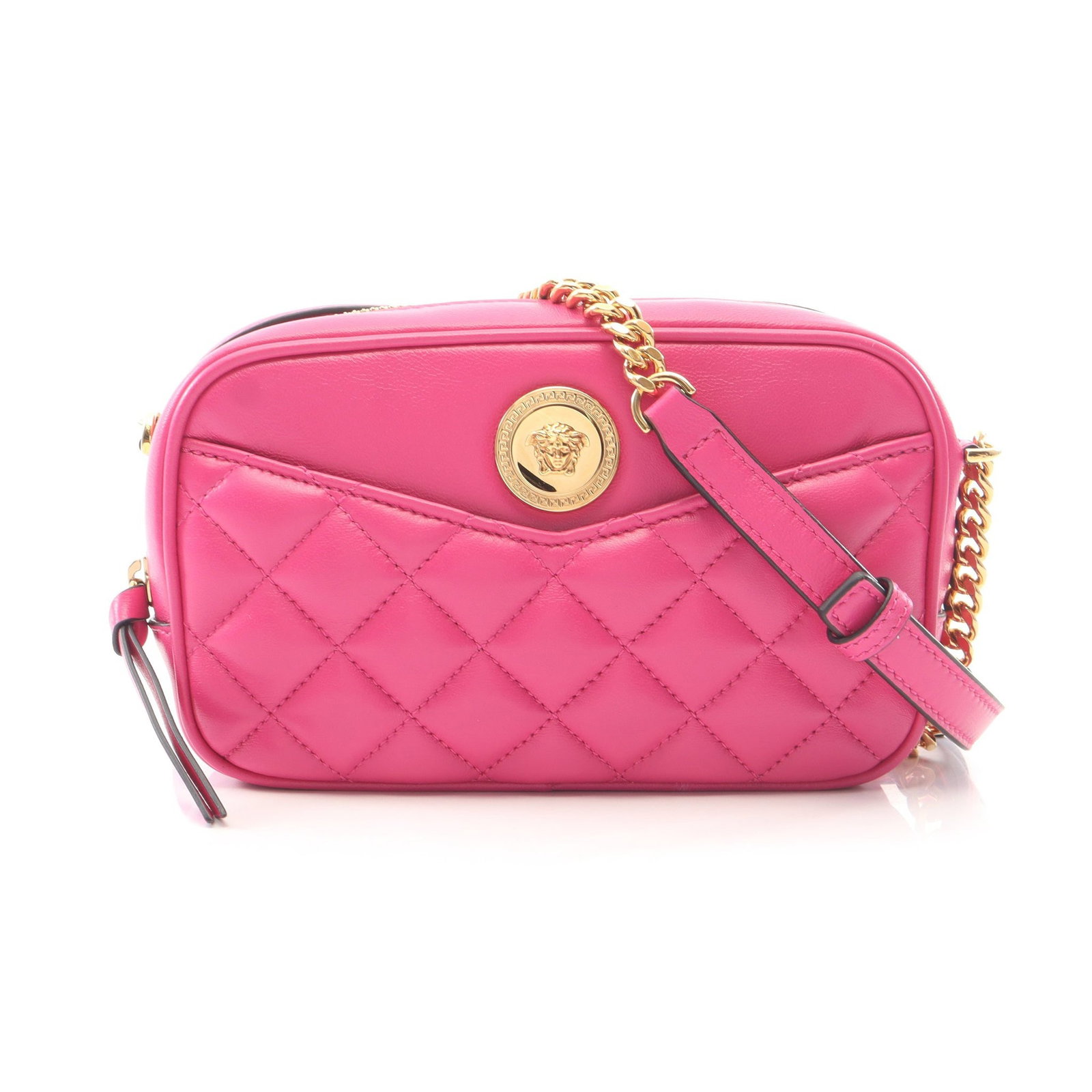 Versace Medusa Quilted Chain Bag: Authentic and authenticated Versace Medusa quilting chain shoulder bag in pink purple leather. Model 1008827. Approx. 11H x 18W x 5D cm with 114-126 cm strap. No accessories listed.