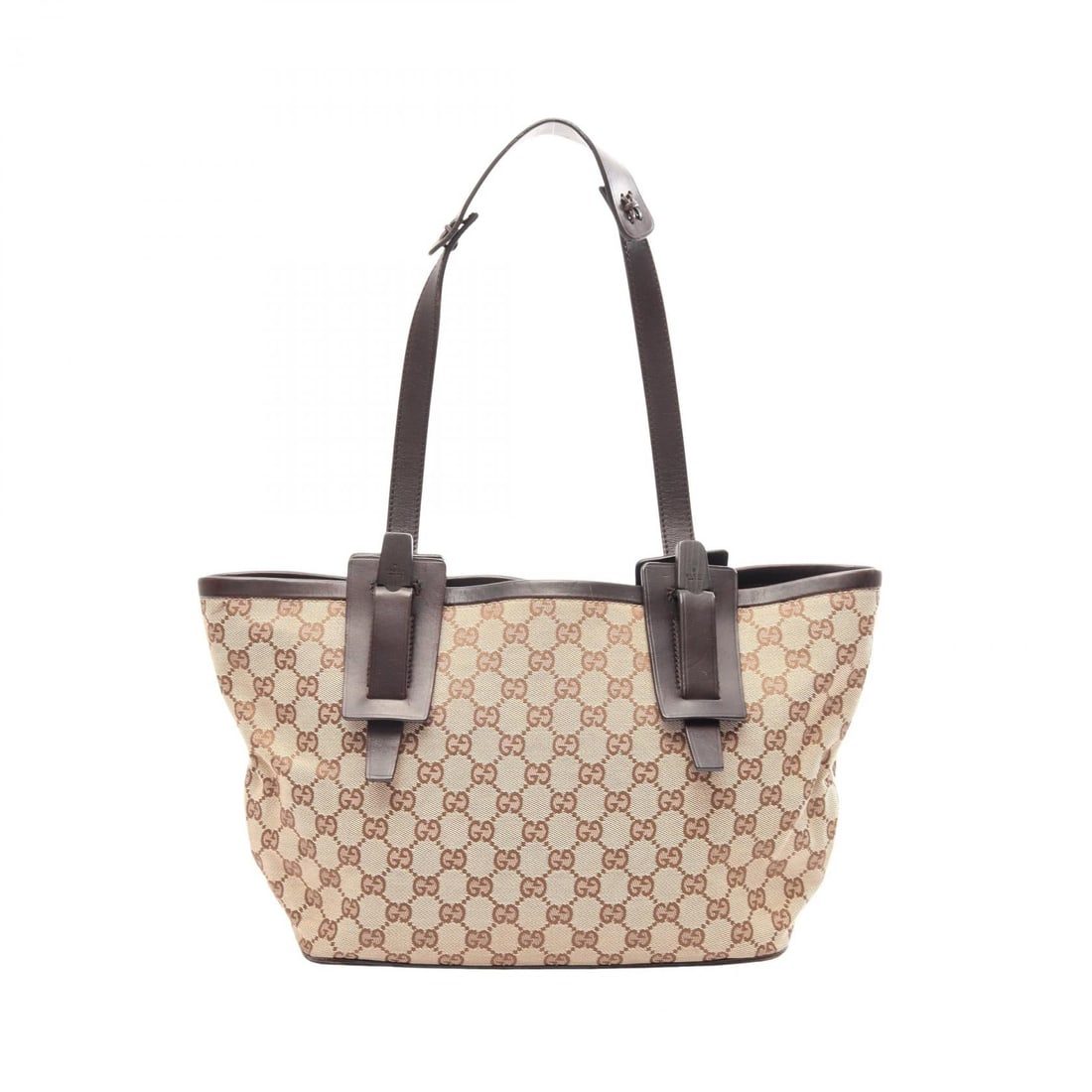 Gucci GG Canvas Beige Brown Tote: Authentic and authenticated Gucci GG canvas shoulder tote bag in beige/dark brown canvas and leather. Model 106241. Approx. 23H x 42/29W x 11.5D cm with 62 cm strap and 29 cm max drop.