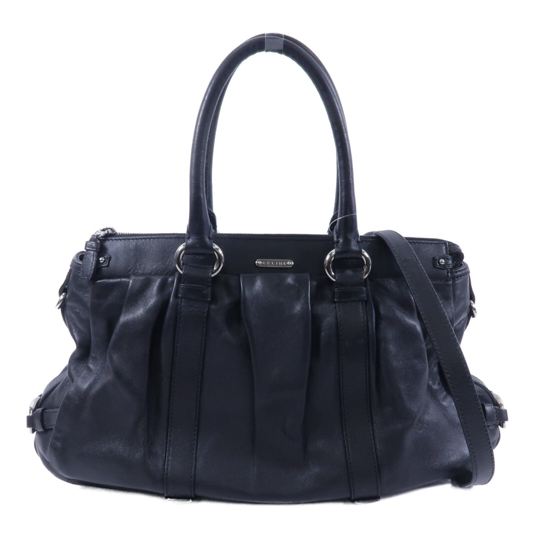 Celine Calfskin Black 2WAY Bag: Authentic and authenticated Celine 2 way shoulder bag in black calfskin. Product no. SD-GA-0087. Approx. 41W x 24H x 16D cm with 47 cm handle and 110 cm shoulder strap. Includes storage bags,