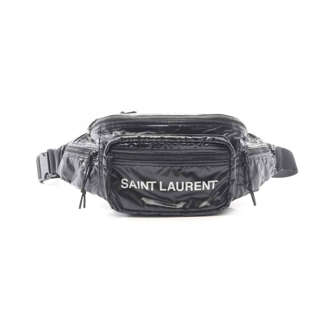 Saint Laurent Nuxx Nylon Crossbody: Authentic and authenticated Saint Laurent Paris Nuxx crossbody waist body bag in black logo print nylon. Model 581375. Approx. 16H x 25W x 8.5D cm with 91 cm max strap drop.