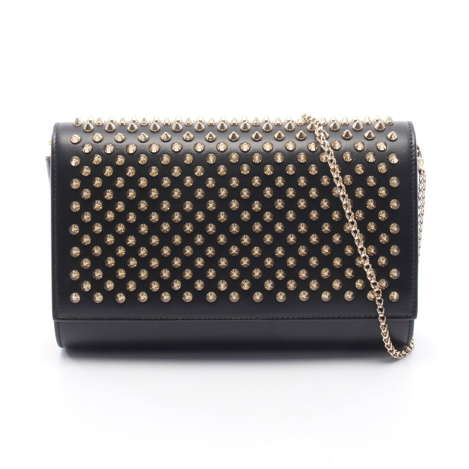 Louboutin Paloma Studs Chain Bag: Authentic and authenticated Christian Louboutin Paloma Studs chain shoulder bag in black/red/brown leather and patent leather. Approx. 15H x 23W x 5D cm with 124 cm strap. No accessories listed.