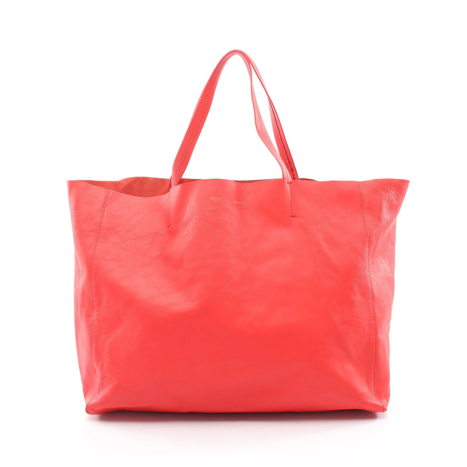 Celine Horizontal Cabas Leather Tote: Authentic and authenticated Celine Horizontal Cabas tote handbag in red leather. Model 166113DBT. Approx. 31H x 53/39W x 19D cm with 44 cm handle. No accessories listed.